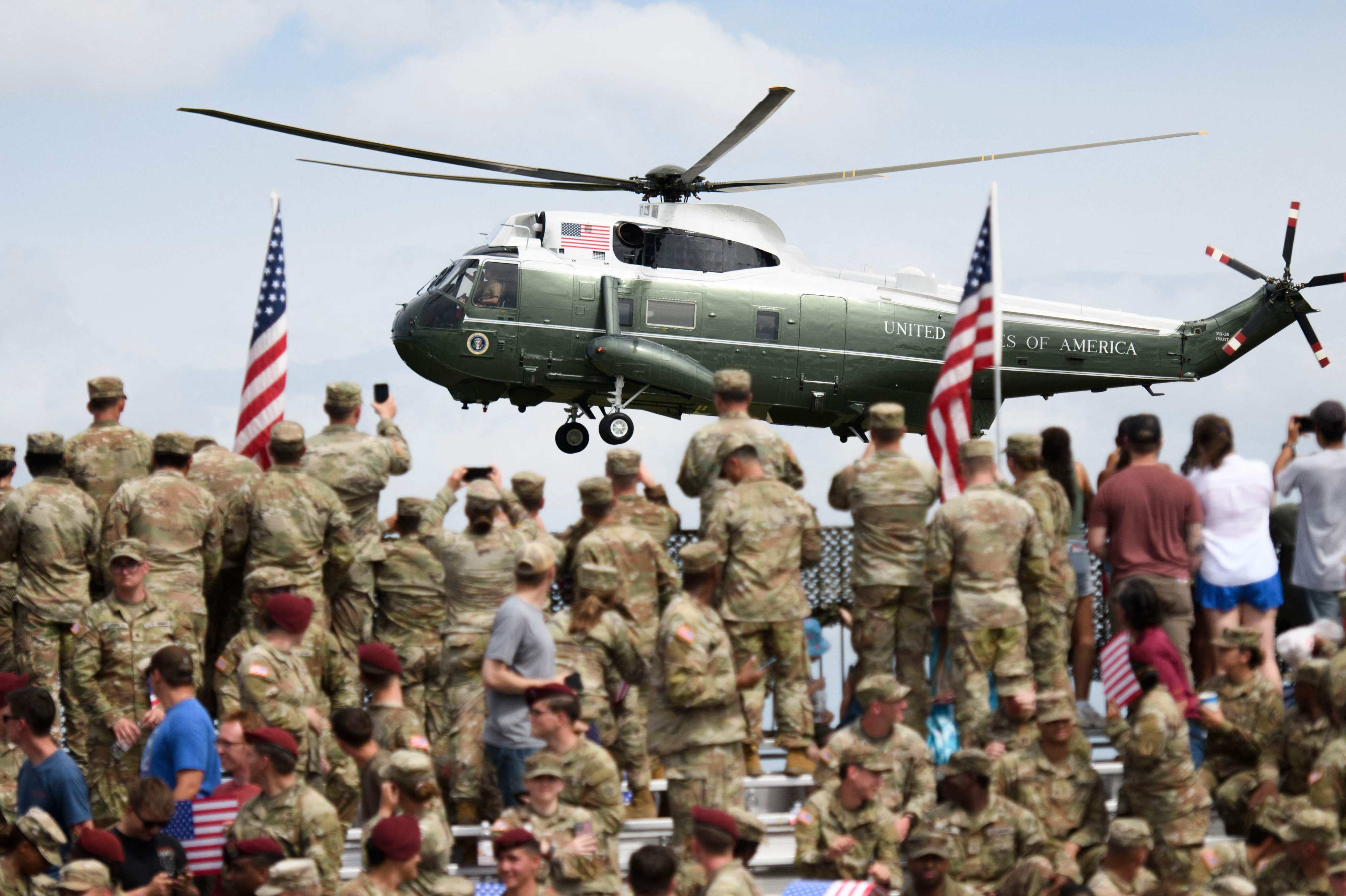 US President Donald Trump arriving at Fort Bragg on Marine One on Tuesday. Photo: AFP