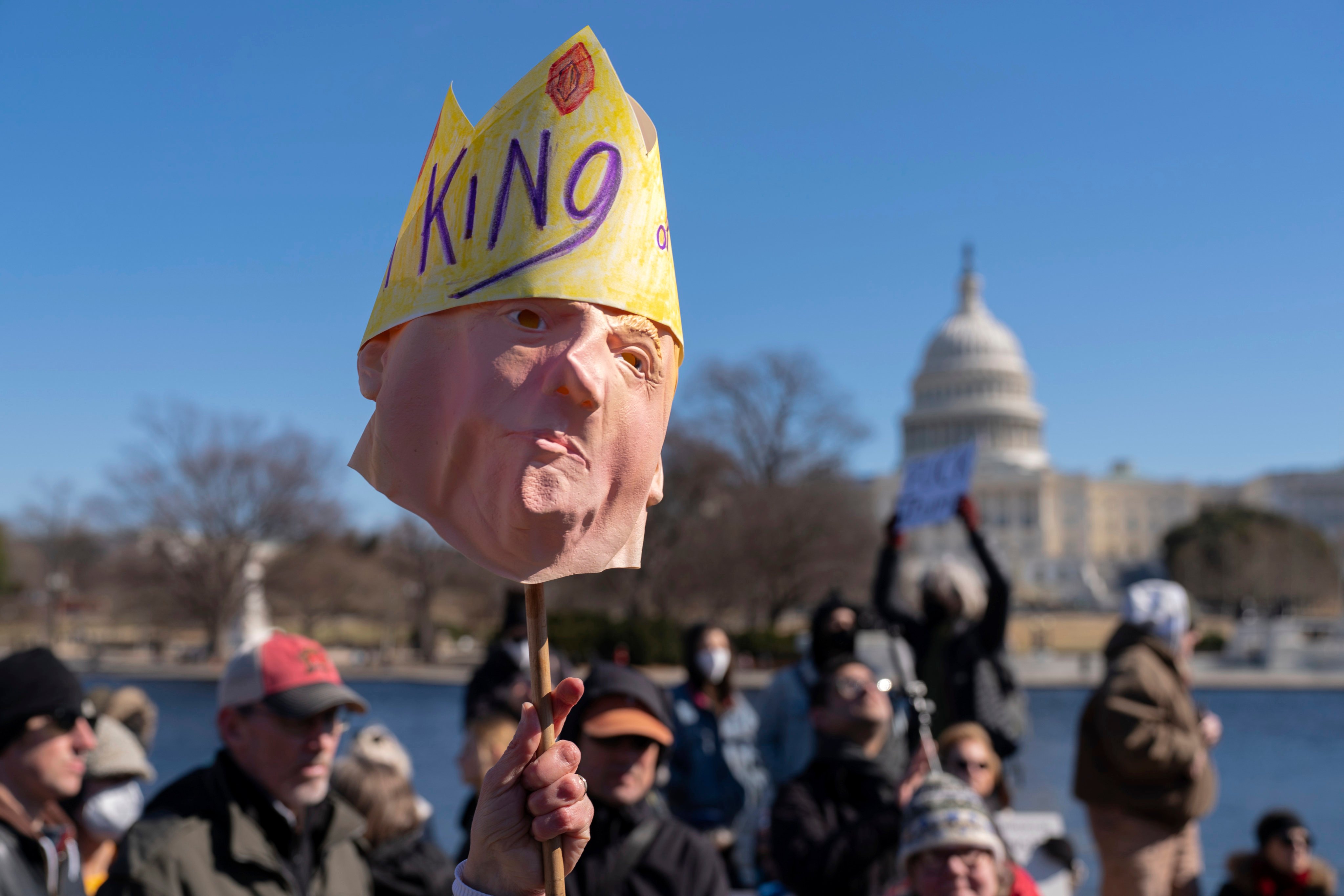 FILE - People take part in the “No Kings Day” protest on Presidents Day in Washington, in support of federal workers and against recent actions by President Donald Trump and Elon Musk, Monday, Feb. 17, 2025, by the Capitol in Washington. (AP Photo/Jose Luis Magana,File)