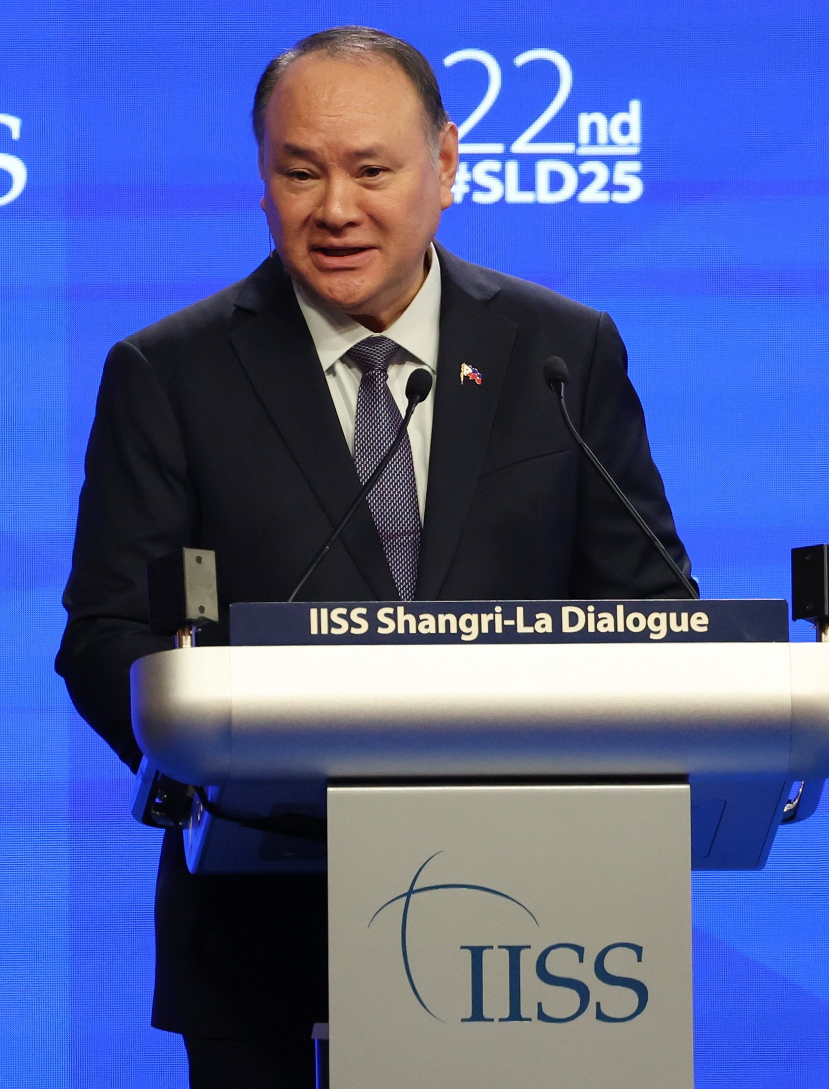 Philippine Defence Secretary Gilberto Teodoro Jnr delivers his speech at the Shangri-La Dialogue in Singapore on June 1. Photo: EPA-EFE Philippine Defence Secretary Gilberto Teodoro Jnr delivers his speech at the Shangri-La Dialogue in Singapore on June 1. Photo: EPA-EFE