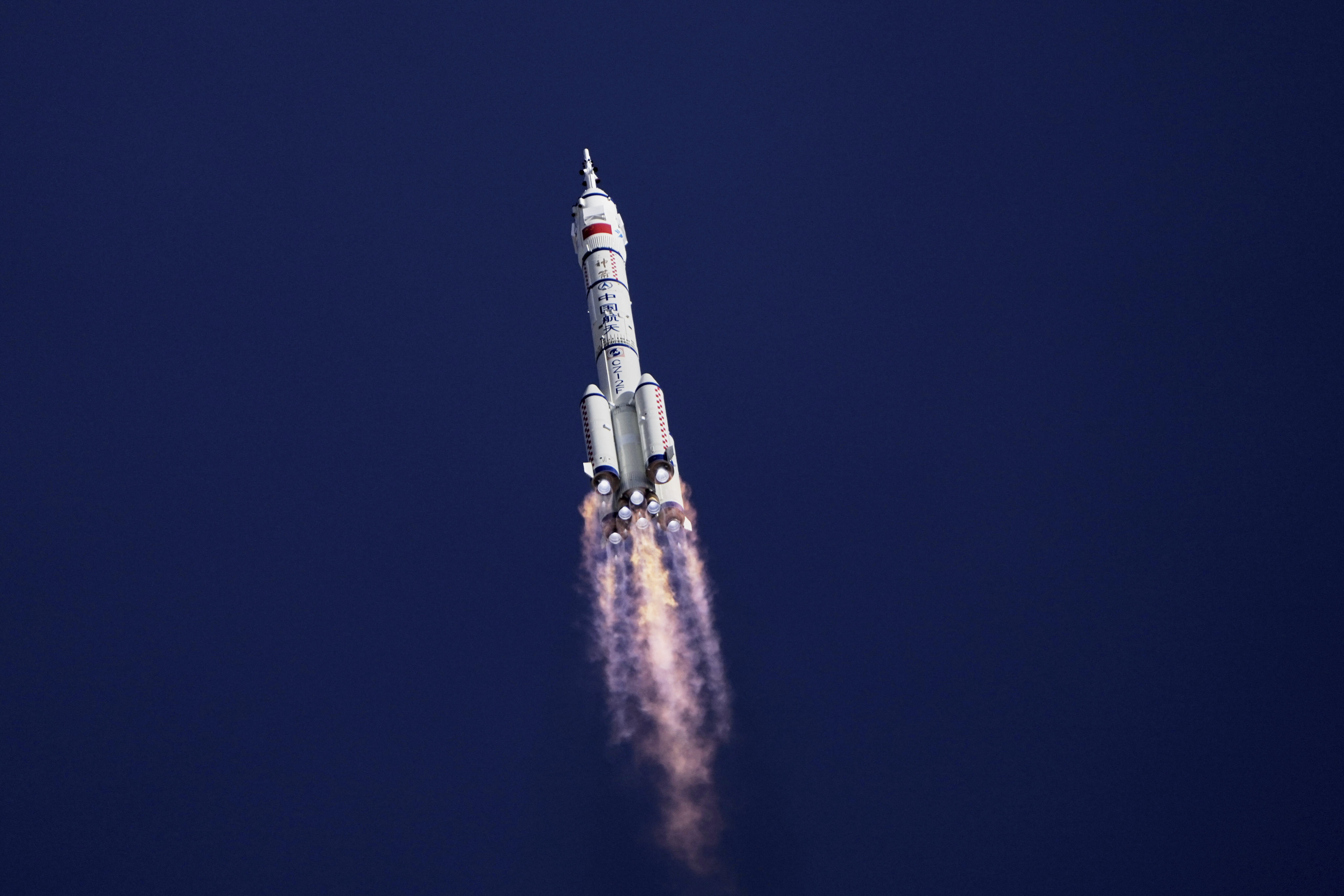 China’s Long March 2F rocket, carrying three astronauts for the Shenzhou 20 manned space mission, heads for a space station, at the Jiuquan Satellite Launch Centre in Jiuquan, northwestern China, on April 24. Photo: AP