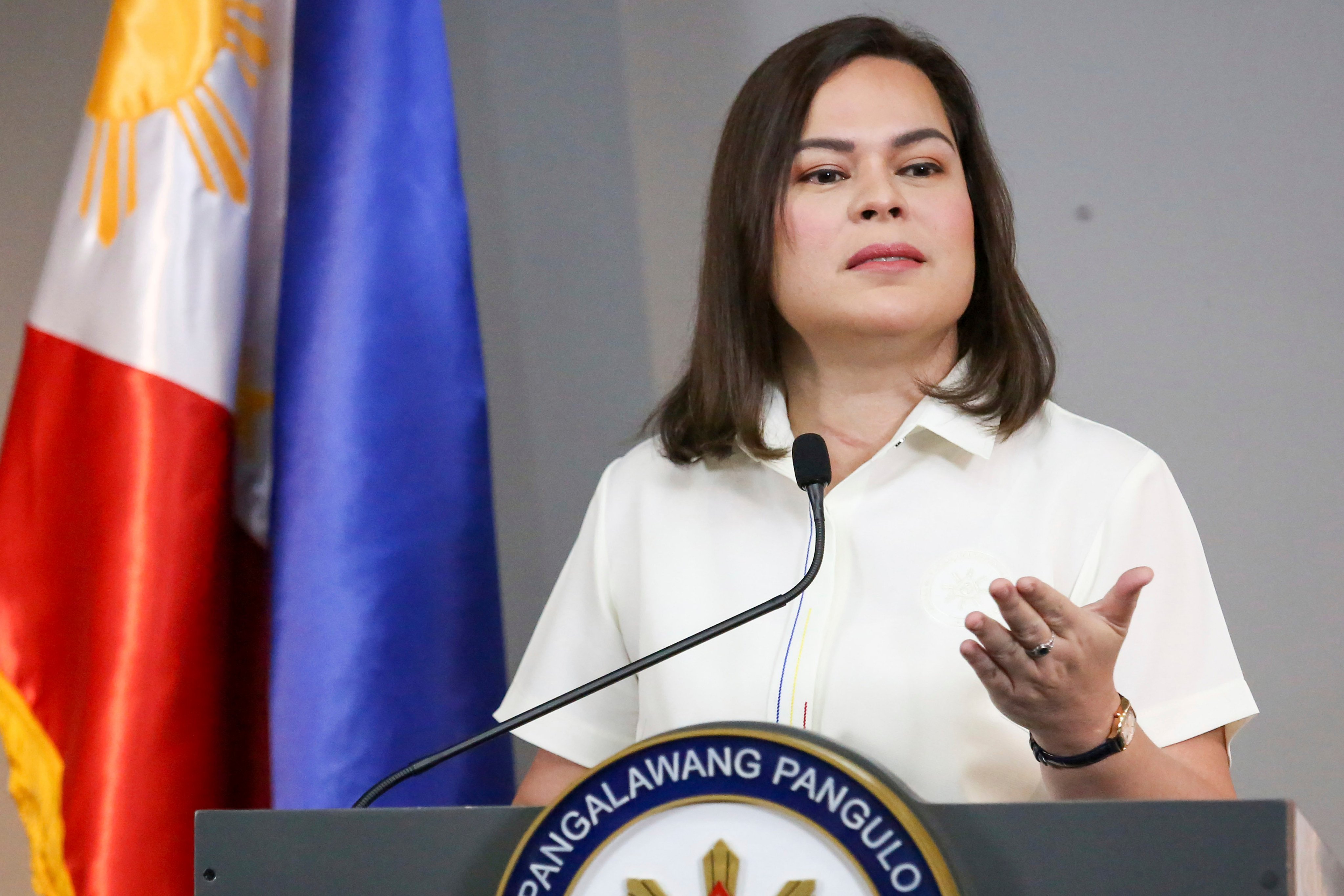 Vice-President Sara Duterte speaks at a press conference in Manila on February 7. Photo: AP