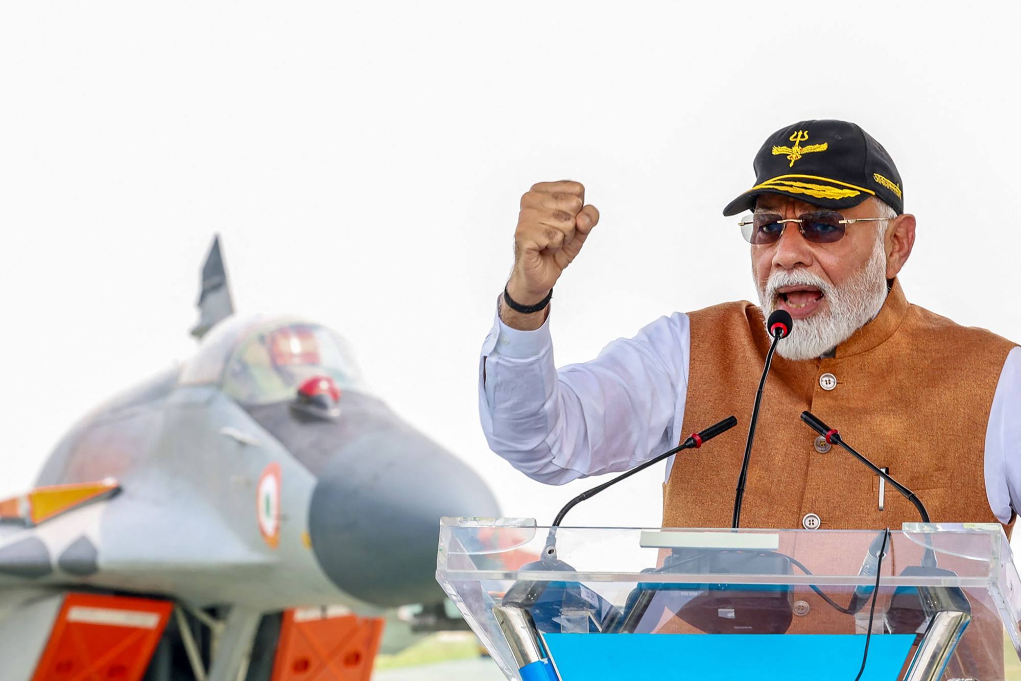 India’s Prime Minister Narendra Modi addressing armed force personnel during his visit to Adampur Airforce Base in Punjab on May 13. Photo: Indian Press Information Bureau / AFP India’s Prime Minister Narendra Modi addressing armed force personnel during his visit to Adampur Airforce Base in Punjab on May 13. Photo: Indian Press Information Bureau / AFP
