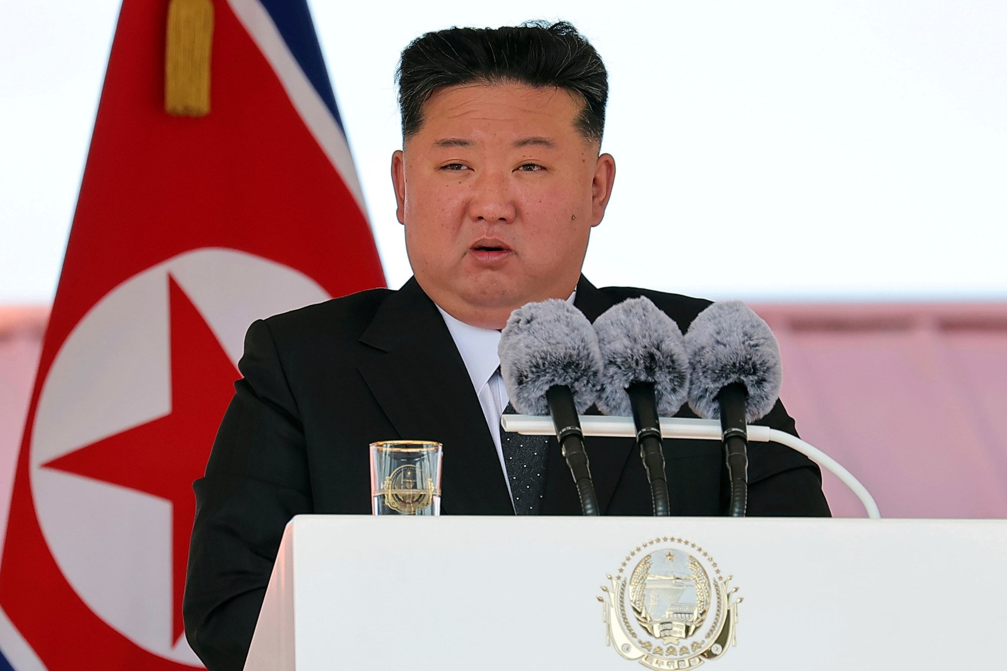 Kim Jong-un speaks during a launch ceremony of a North Korean destroyer on Thursday. Photo: KCNA/KNS/AFP Kim Jong-un speaks during a launch ceremony of a North Korean destroyer on Thursday. Photo: KCNA/KNS/AFP