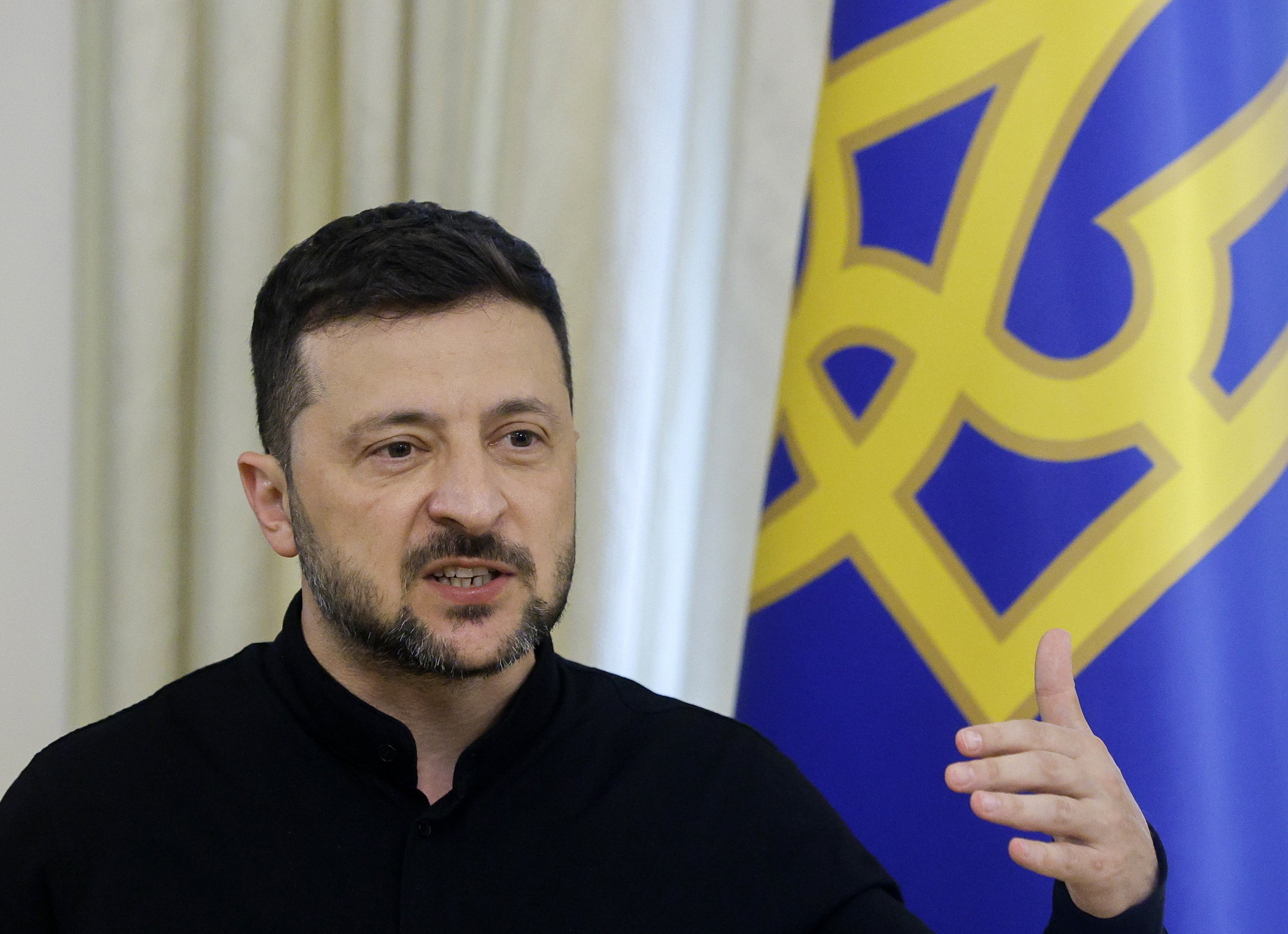 Ukrainian President Volodymyr Zelensky during a joint press conference with the German defense minister after their meeting in Kyiv, Ukraine, on Thursday. Photo: EPA-EFE