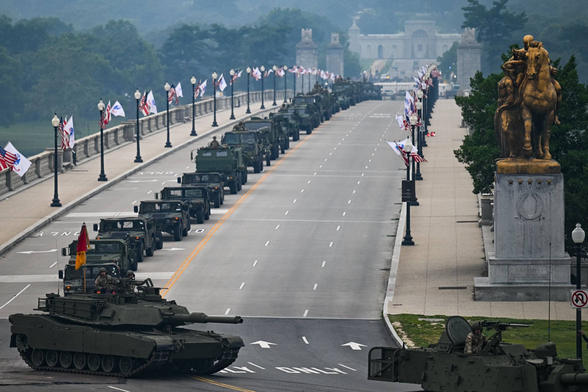 Armoured vehicles move across the Memorial Bridge during the US army’s 250th anniversary parade in Washington DC on June 14. Photo: AFP Armoured vehicles move across the Memorial Bridge during the US army’s 250th anniversary parade in Washington DC on June 14. Photo: AFP