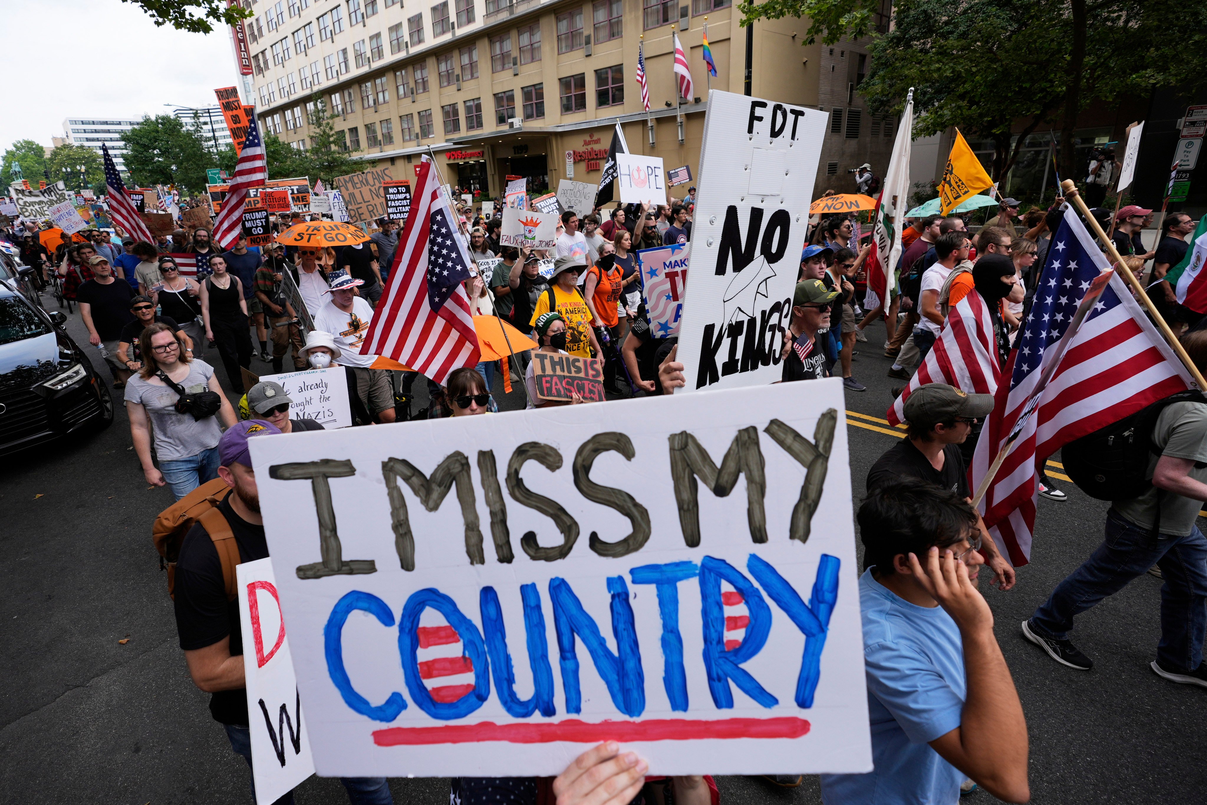 Protestors in Washington on Saturday demonstrating against the policies of US President Donald Trump, one of the many “No Kings” events across the country. Photo: AP