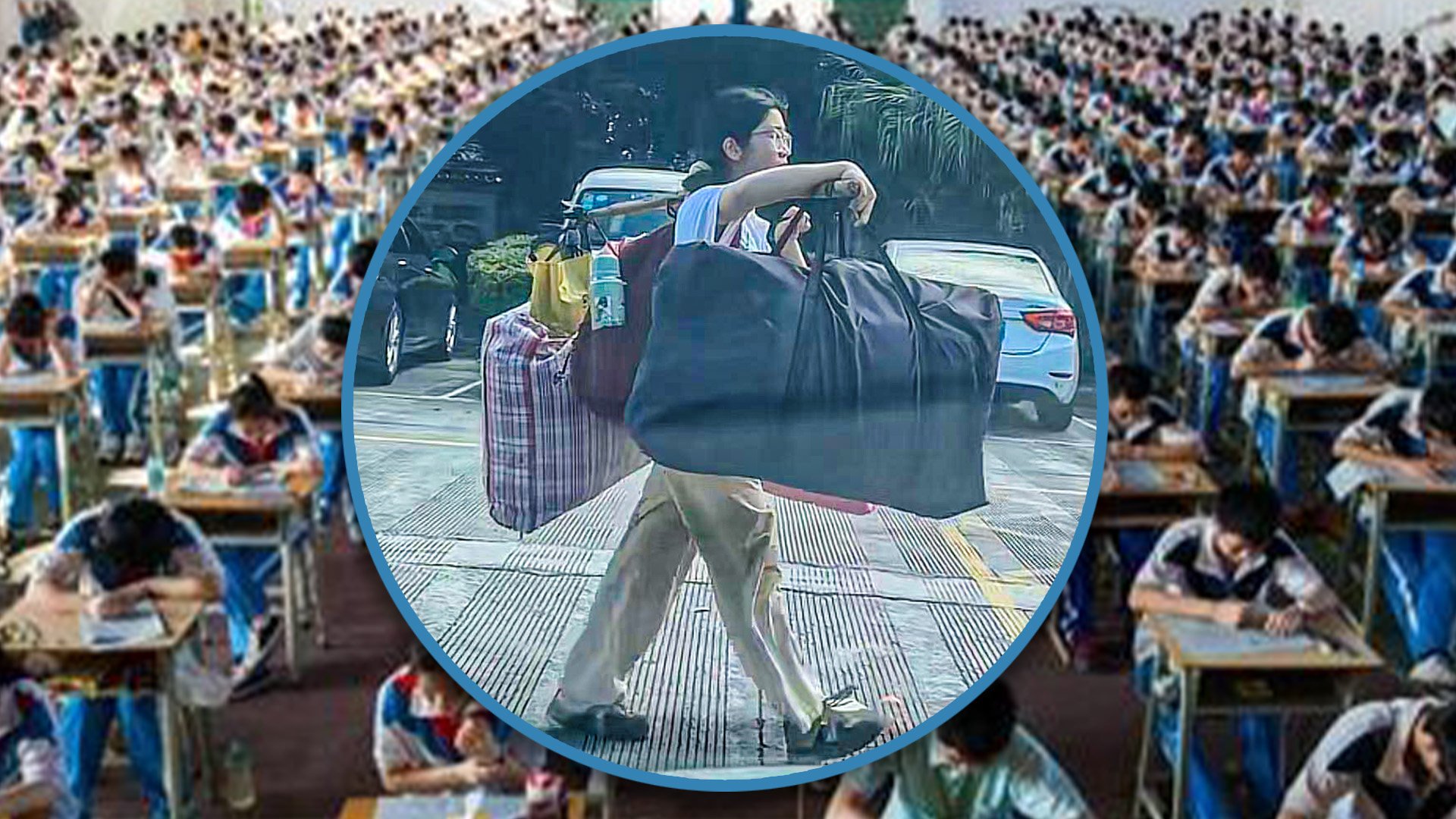 After a vital exam, a Chinese girl walked home alone, carrying heavy luggage on a pole, serving as an inspiration to many. Photo: SCMP composite/Sohu/yahoo.tw