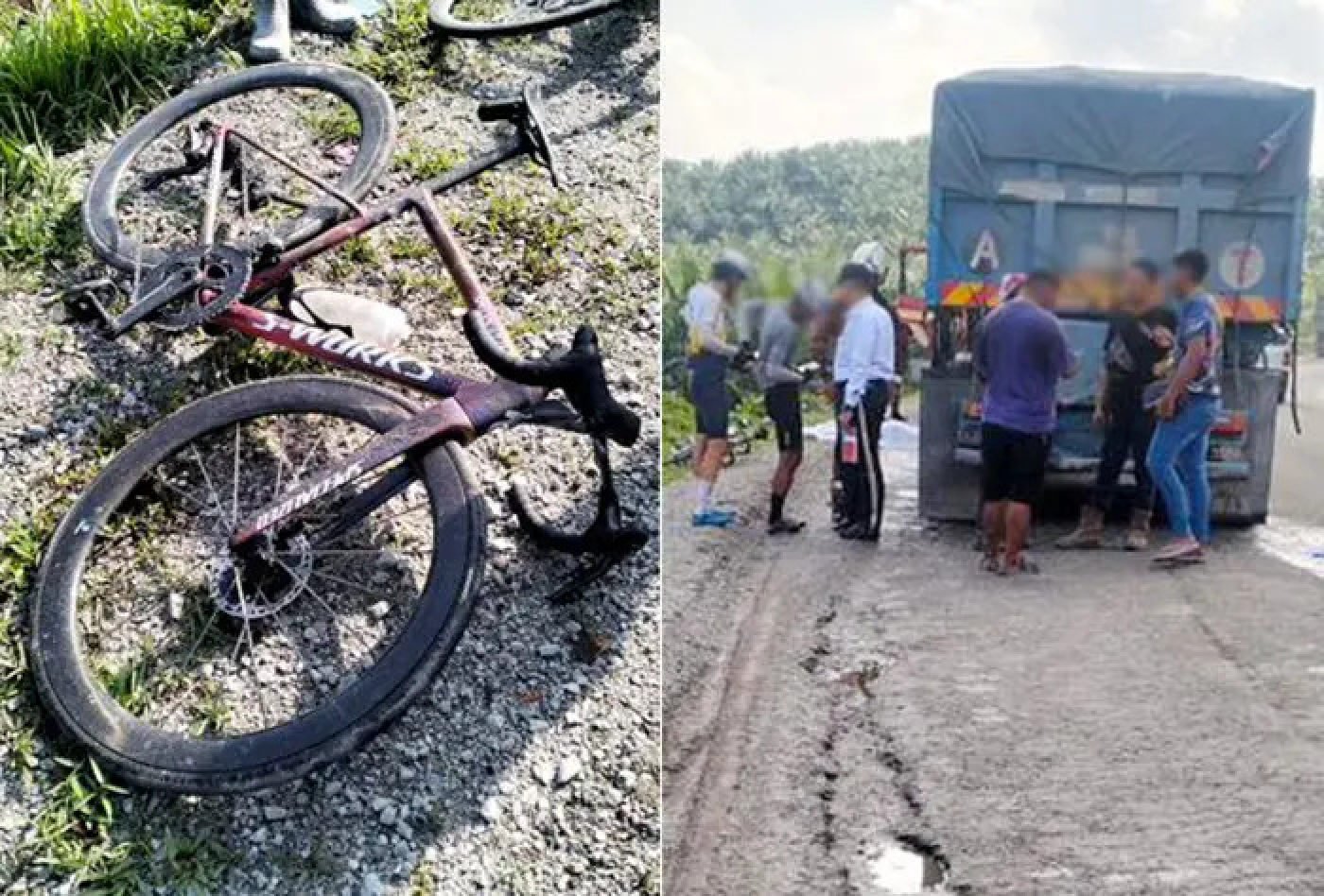 A Singaporean cyclist died when he hit a pothole, fell off his bike and was hit by a truck on a Malaysian road on Saturday. Photo: The Star A Singaporean cyclist died when he hit a pothole, fell off his bike and was hit by a truck on a Malaysian road on Saturday. Photo: The Star