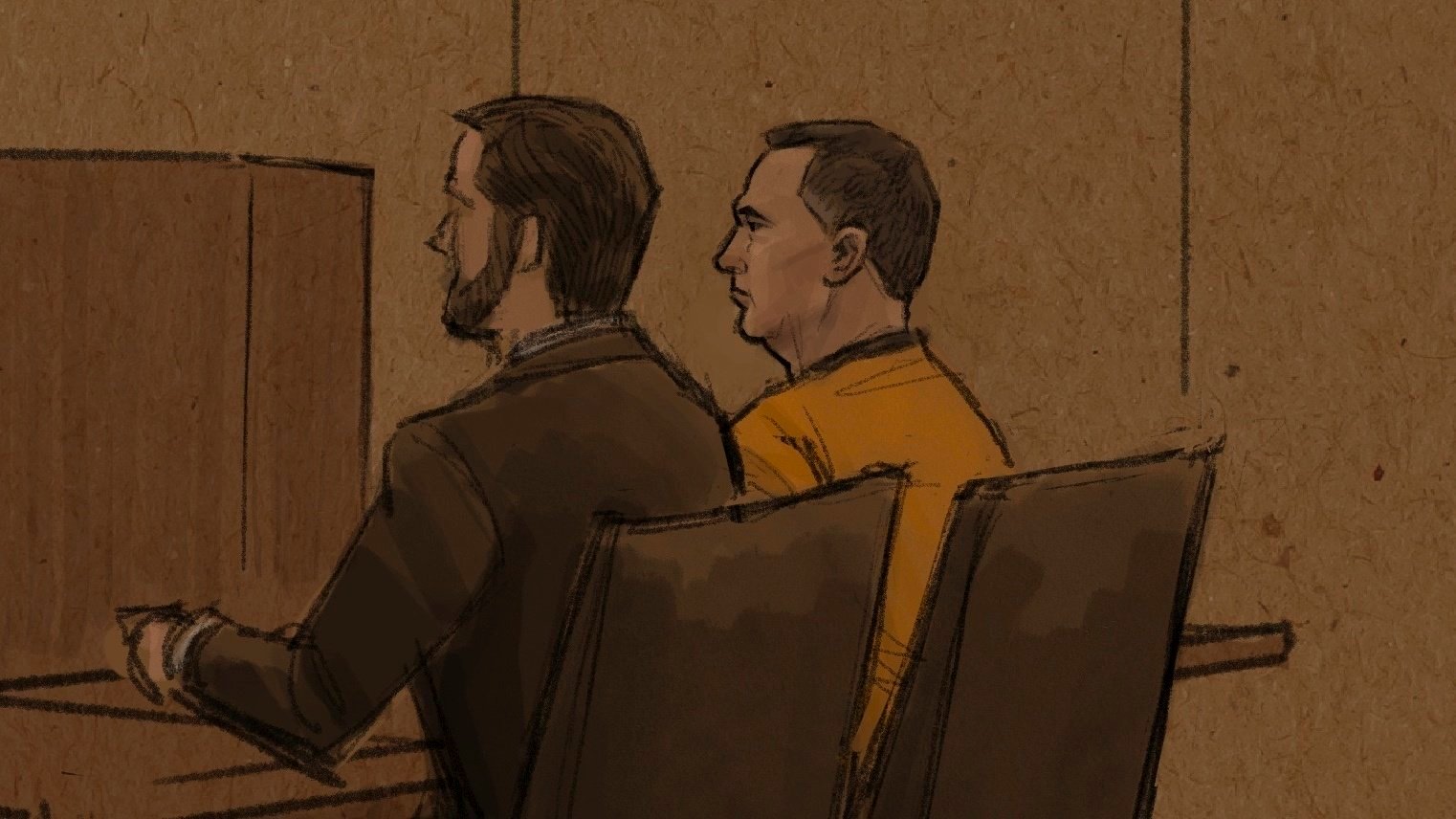 Vance Boelter, right, who is charged with killing one Minnesota lawmaker and wounding another. Courtroom sketch by Cedric Hohnstadt via AP