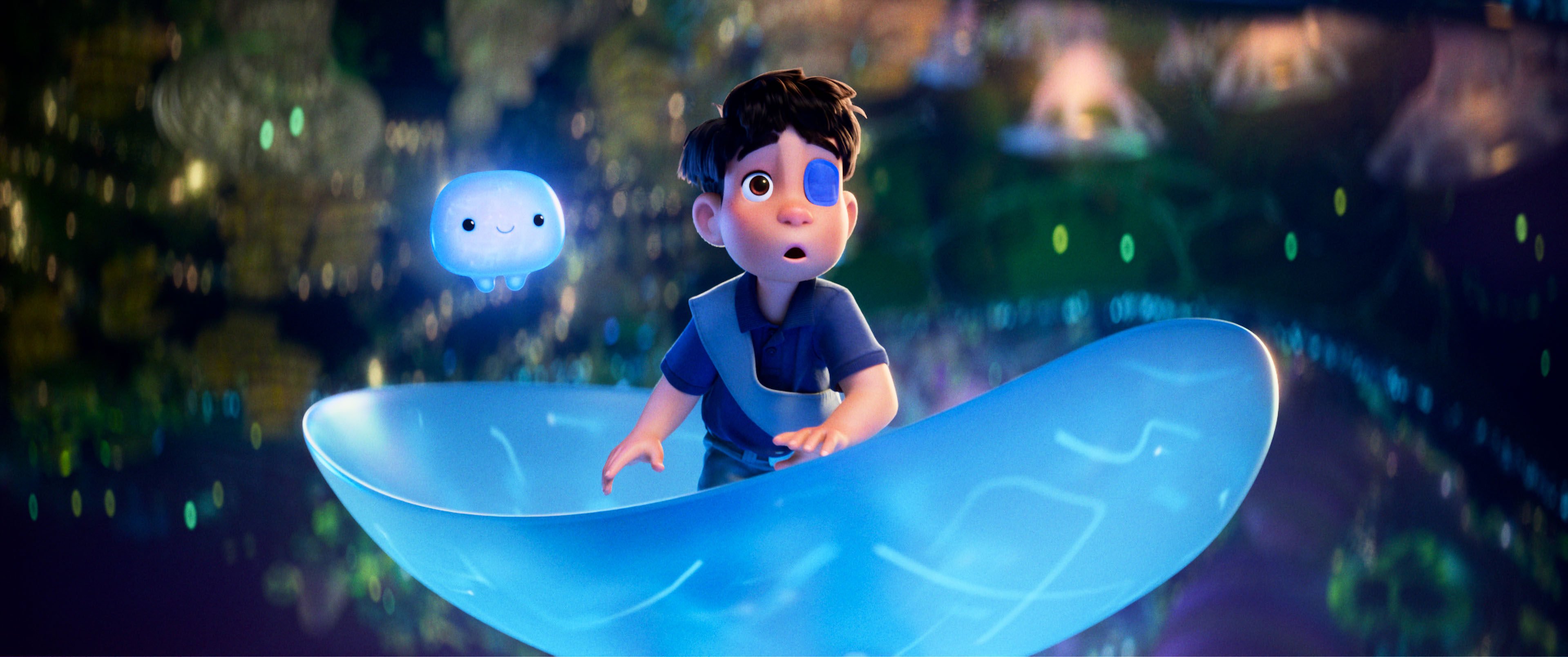 Space fanatic Elio (right, voiced by Yonas Kibreab) and a chirpy, shipper liquid supercomputer called OOOOO (Shirley Henderson) in a still from Elio. Photo: Disney/Pixar