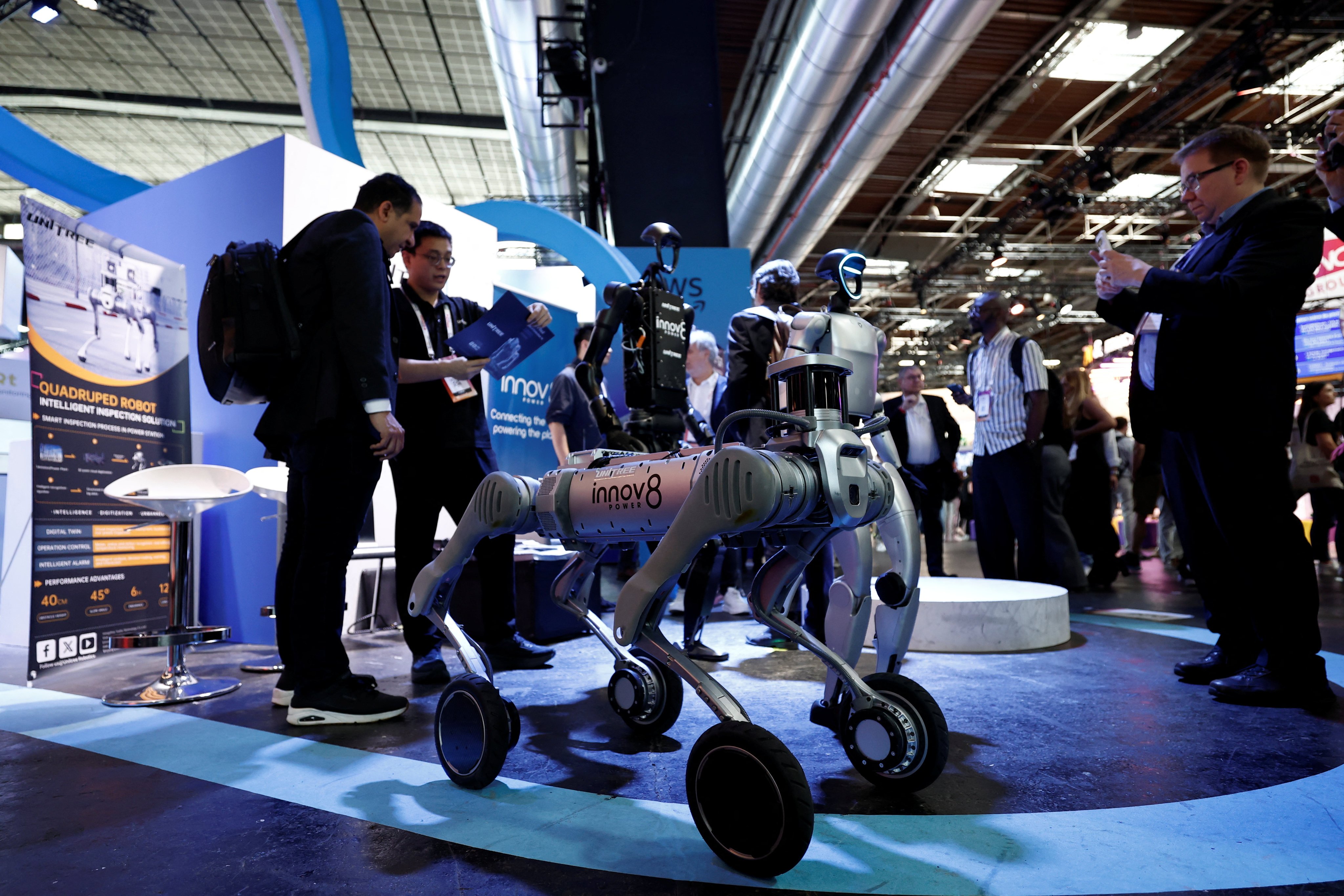 Unitree’s robots on display during the Viva Technology conference in Paris, France, June 12, 2025. Photo: Reuters