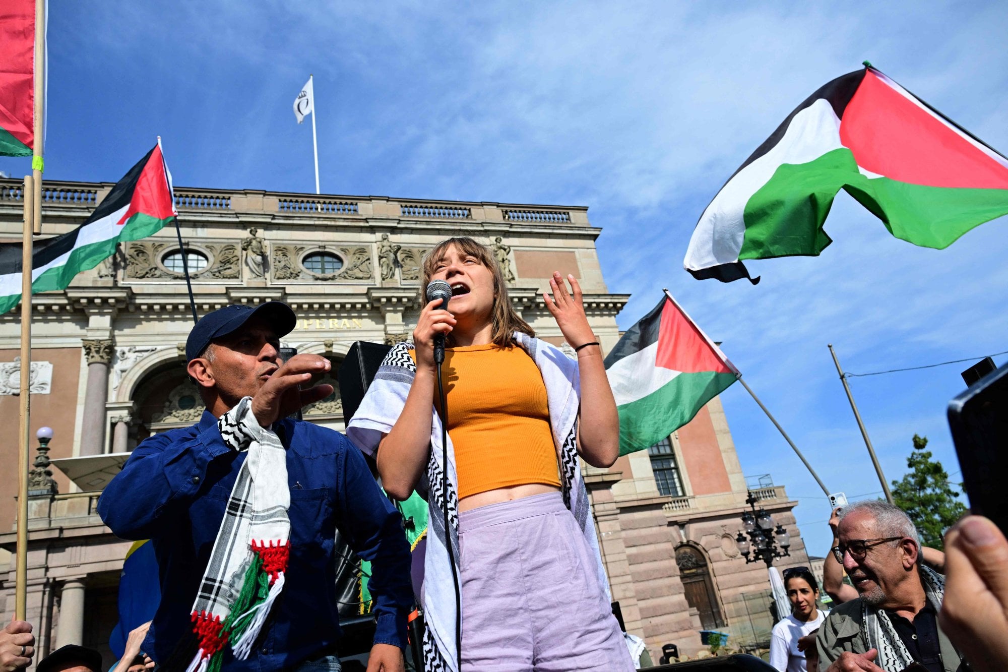 Thunberg speaking at a rally for Gaza in Stockholm on Saturday. Photo: AFP Thunberg speaking at a rally for Gaza in Stockholm on Saturday. Photo: AFP