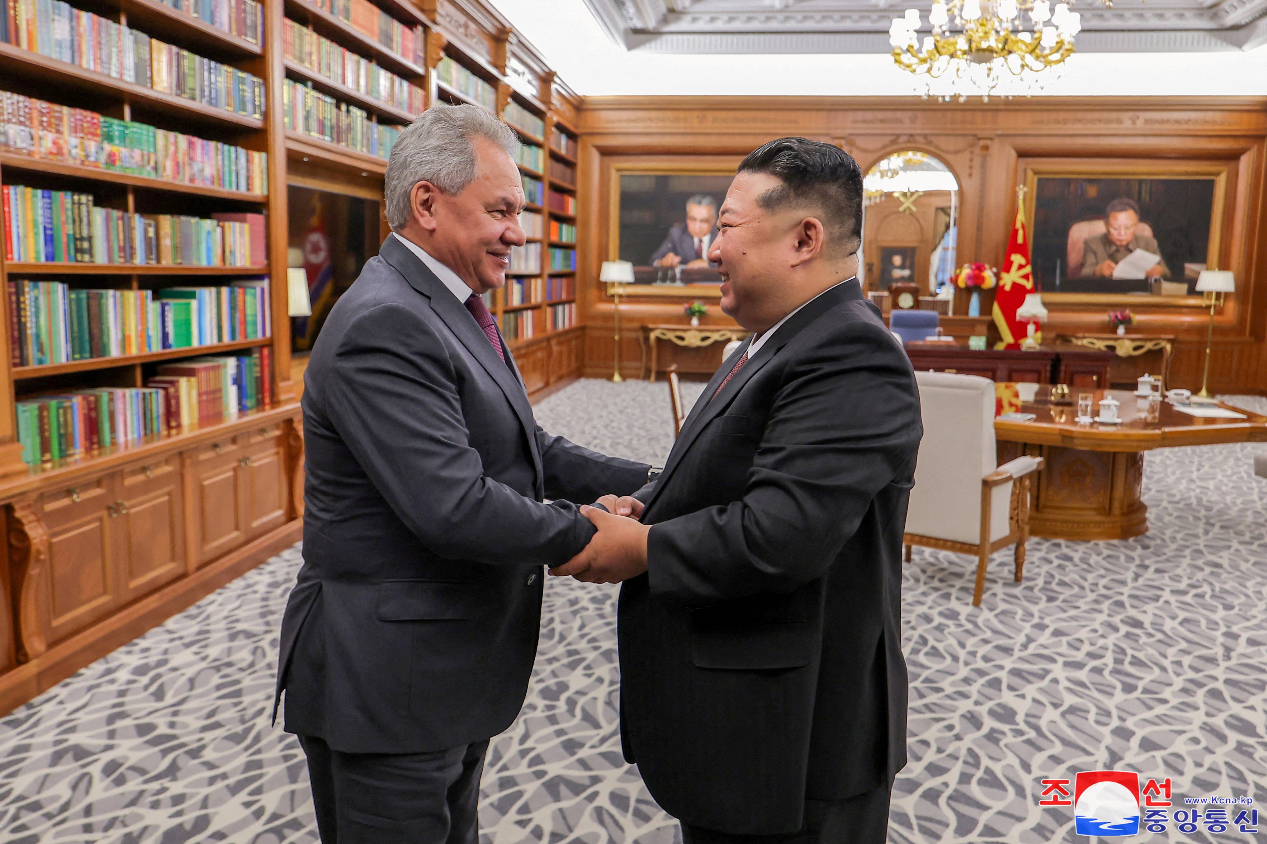 North Korean leader Kim Jong-un (right) with Russia’s Sergei Shoigu in Pyongyang on June 4. Photo: KCNA via Reuters
