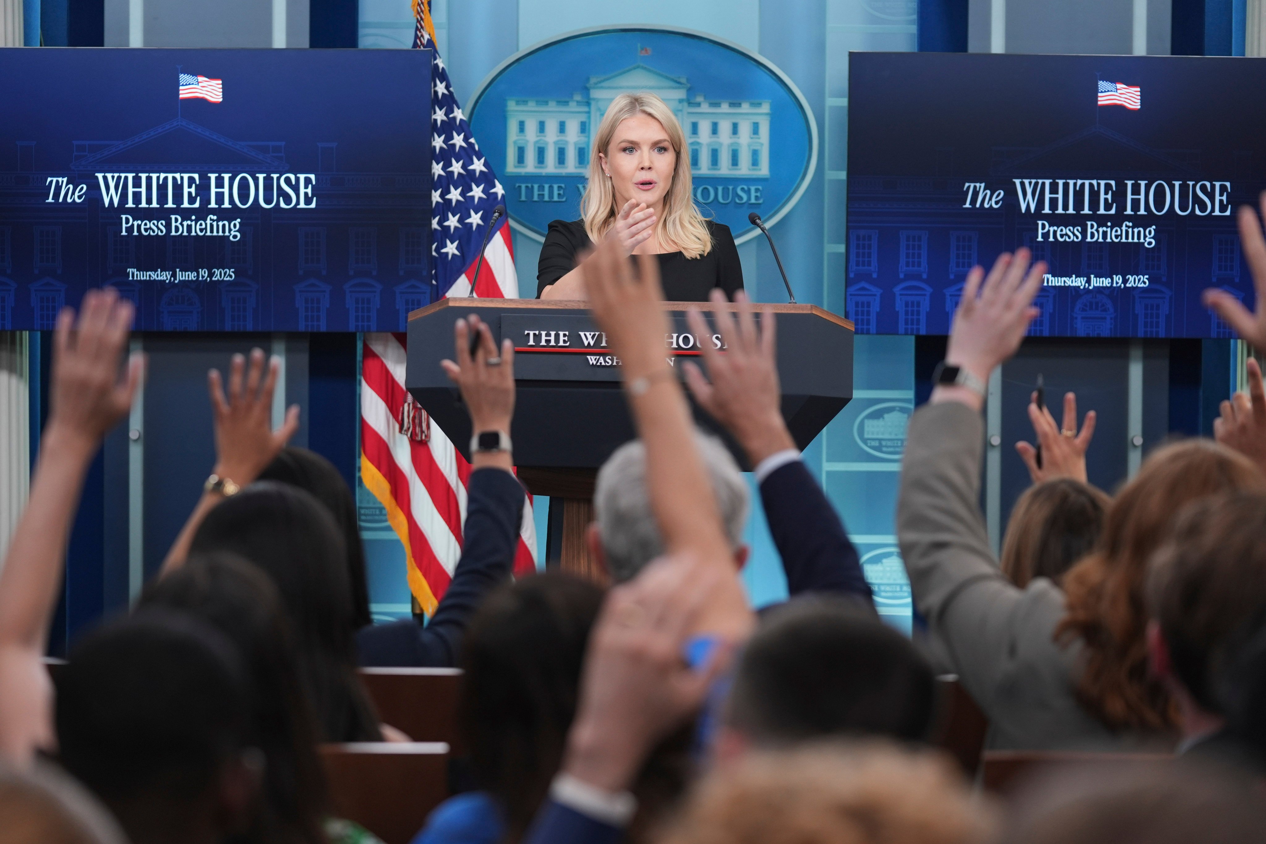 White House press secretary Karoline Leavitt speaks during a briefing at the White House in Washington on Thursday. Photo: AP