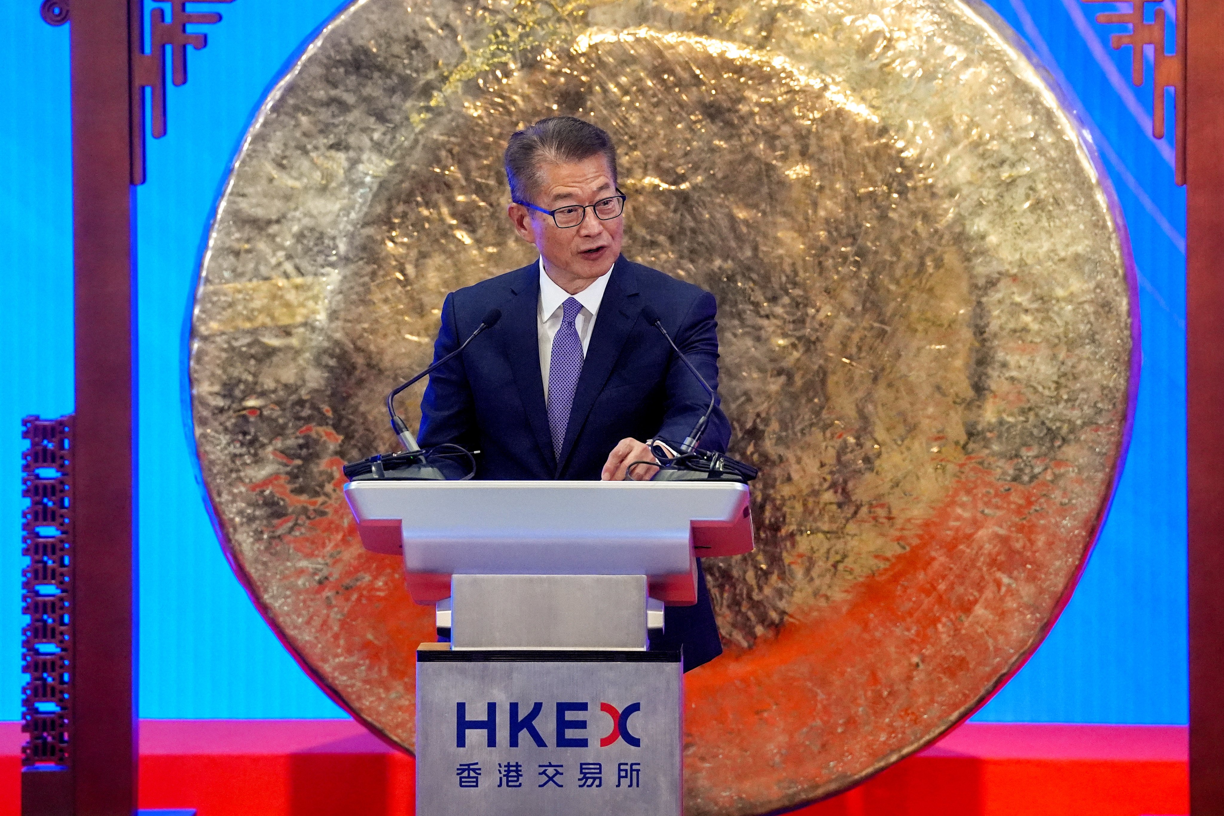 Financial Secretary Paul Chan speaks at a special celebration event on Friday to mark the HKEX’s 25th anniversary. Photo: Elson Li