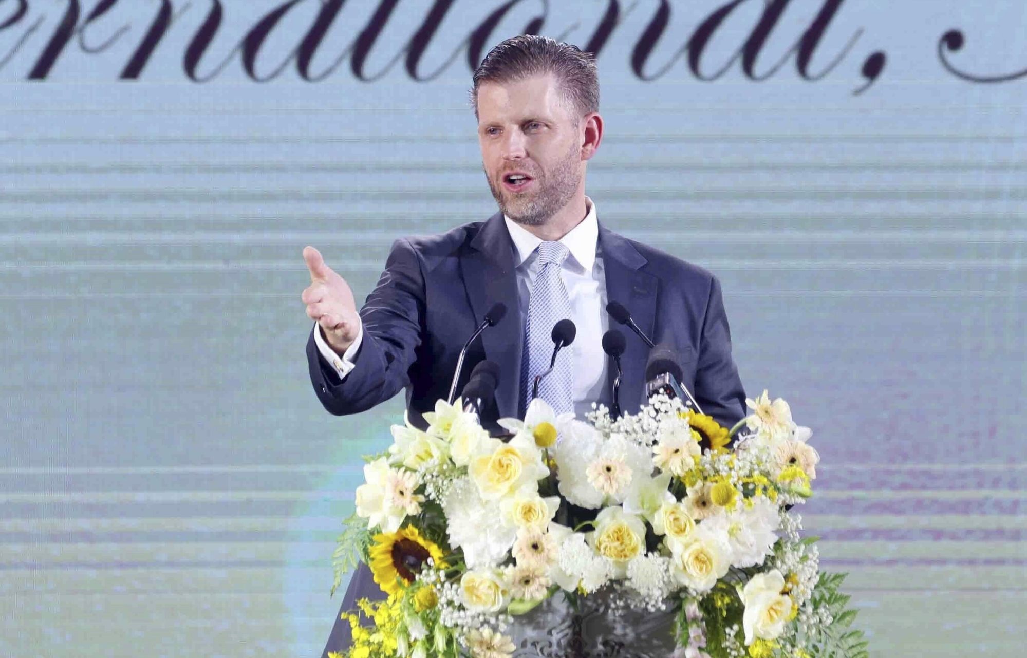 Eric Trump speaks at the groundbreaking ceremony for the Trump International Hung Yen golf project in Vietnam on May 21. Photo: VNA via AP