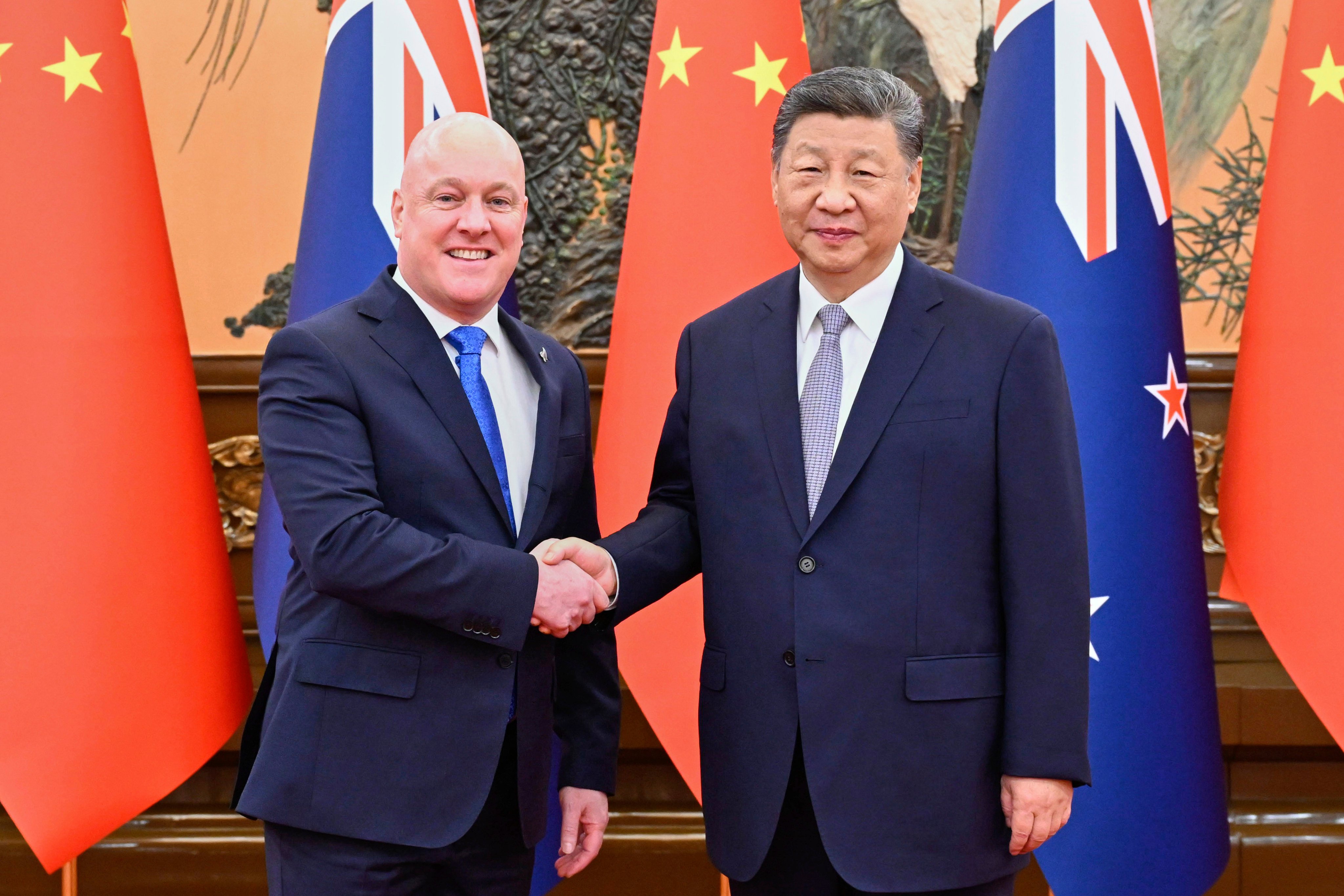 Chinese President Xi Jinping and New Zealand Prime Minister Christopher Luxon ahead of their meeting  in Beijing on Friday. Photo: Xinhua via AP
