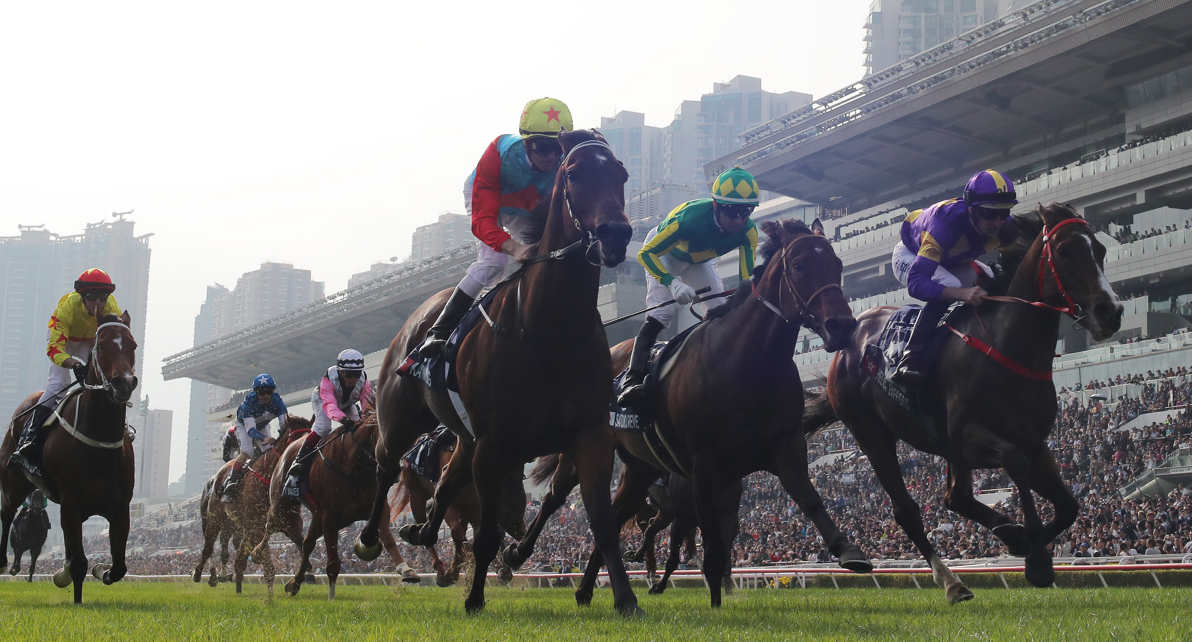 Satono Reve (centre) finishes third behind Ka Ying Rising (left) and Helios Express (right) in December’s Group One Hong Kong Sprint (1,200m) at Sha Tin. Photo: Kenneth Chan