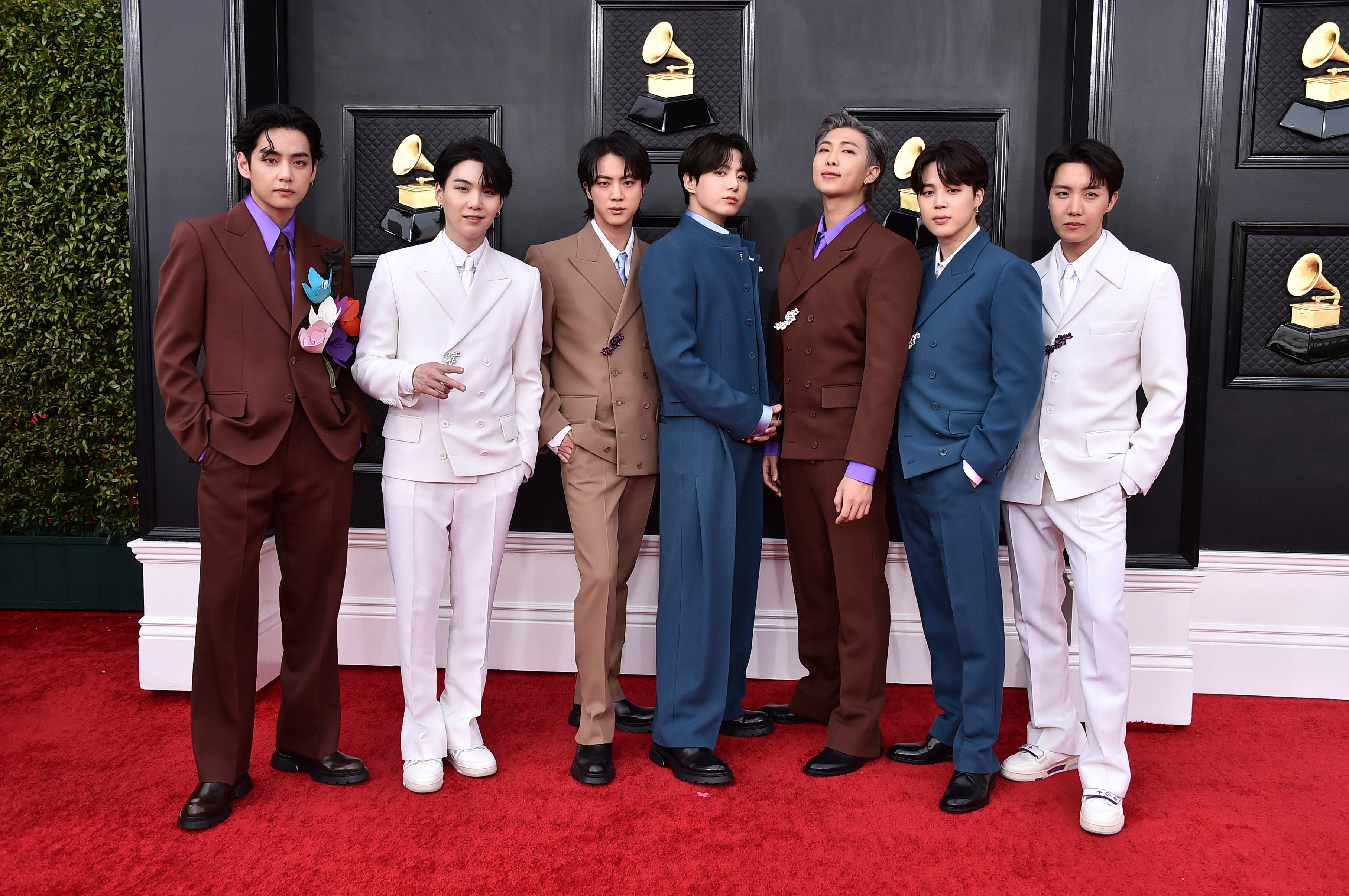 BTS at the 64th Annual Grammy Awards in 2022, in Las Vegas. The K-pop boy group are expected to reunite later this year, as the last member - Suga - completes his mandatory military service this week. Photo: AP