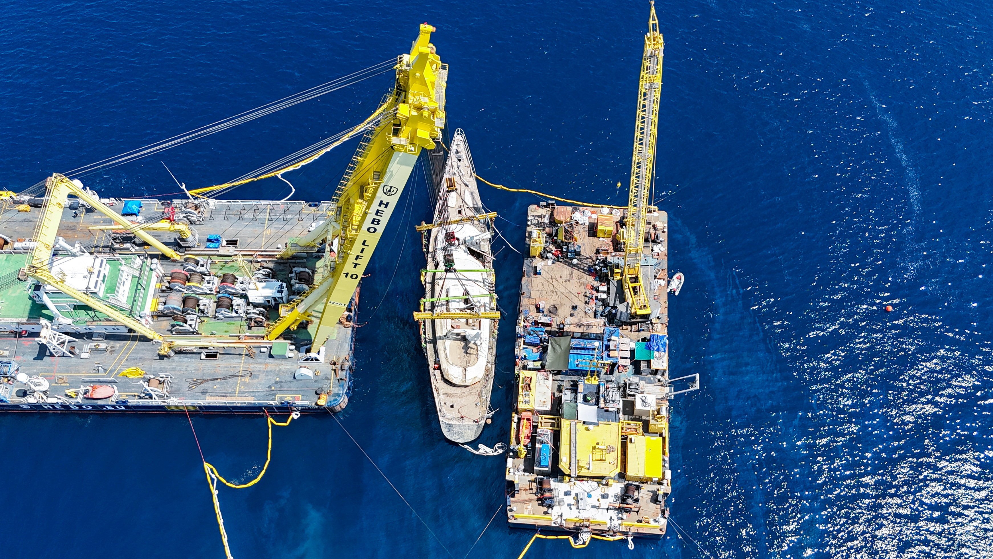 A drone view shows the Bayesian after it was brought to surface by floating crane ships near Palermo, Sicily, Italy, on Saturday. Photo: Reuters