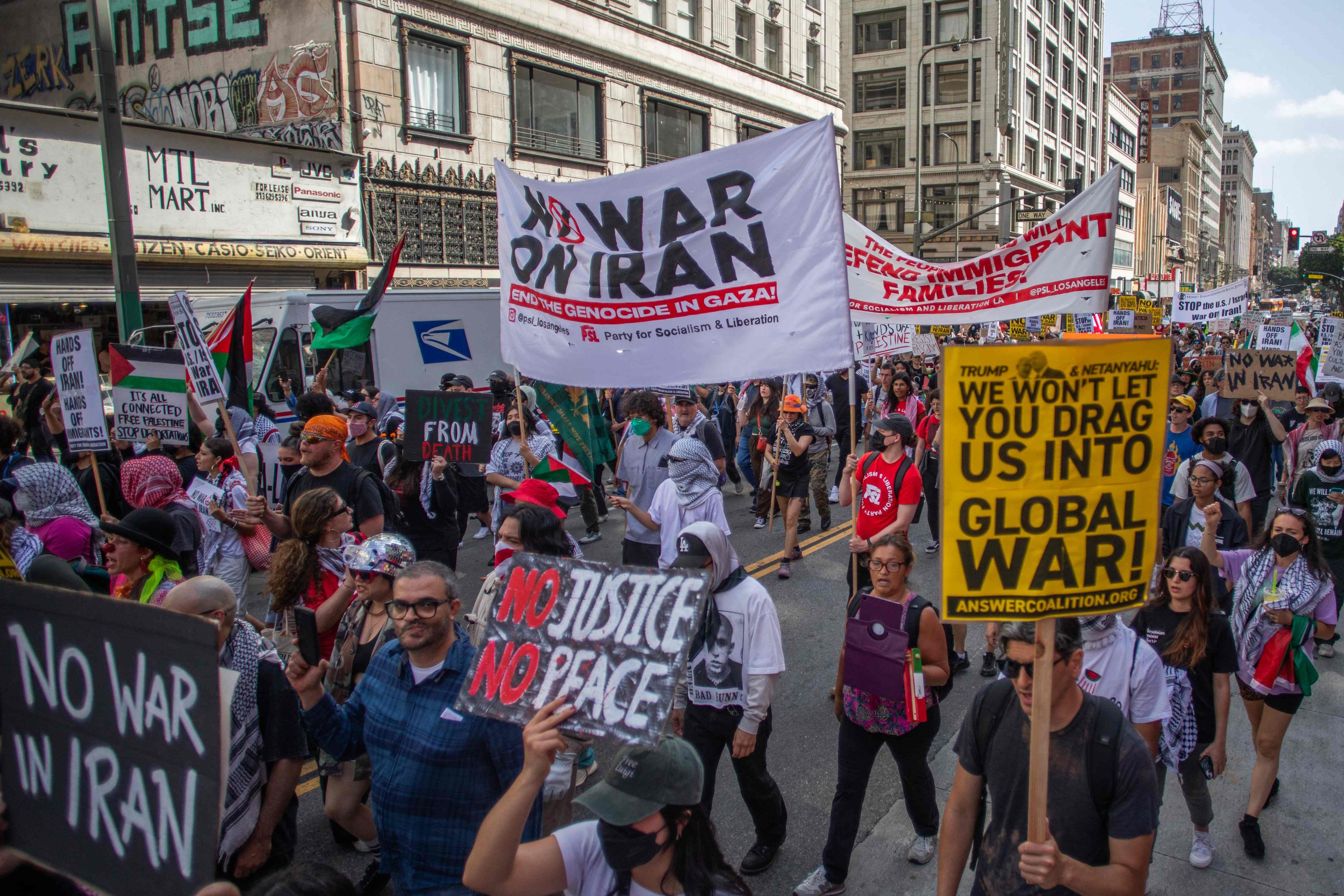 Attendees at an anti-war protest in Los Angeles, California, on June 7. Photo: Getty Images via AFP