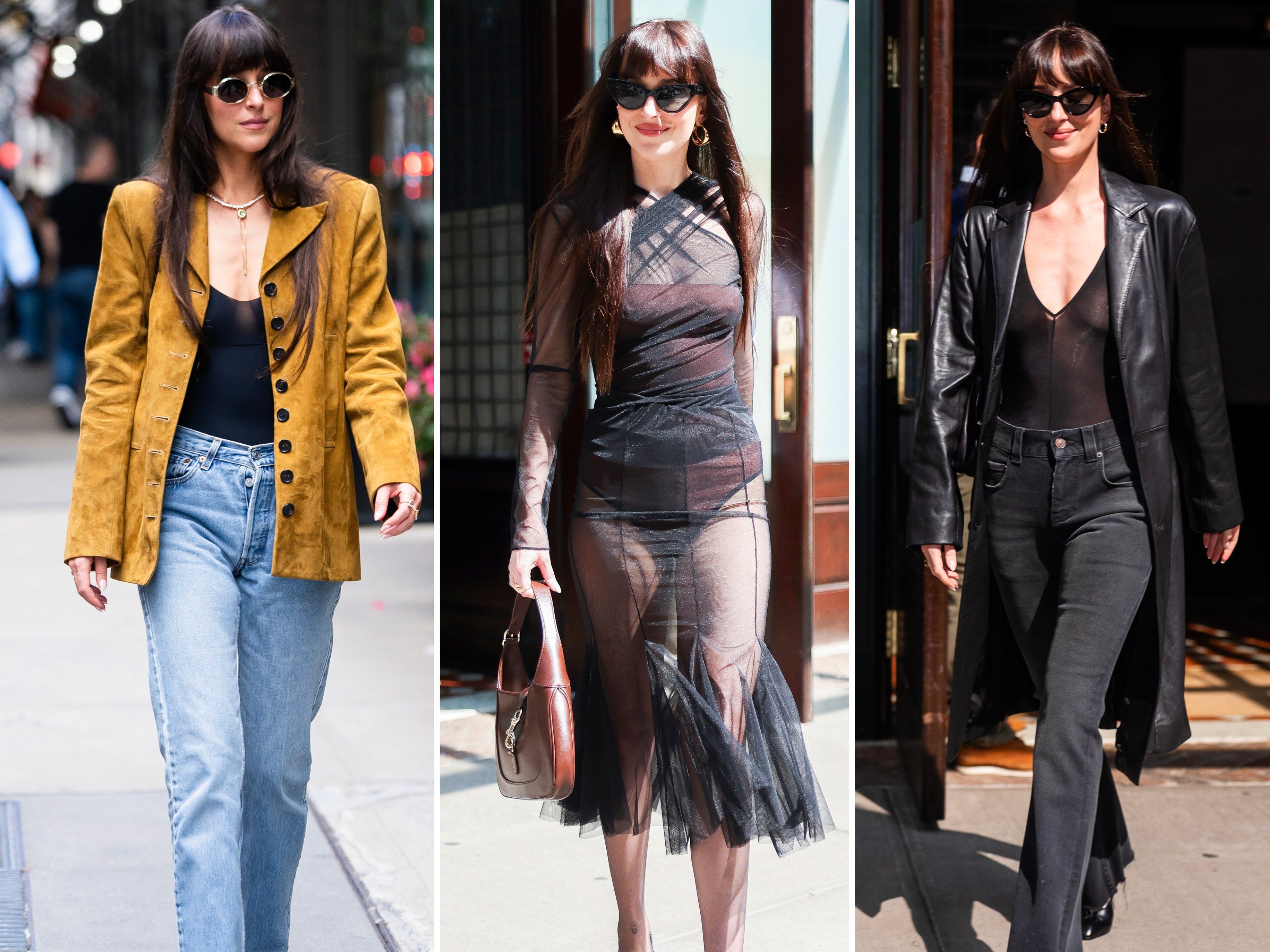 Dakota Johnson has worn some striking sheer looks while on the press tour for her film Materialists. Photos: Getty Images
