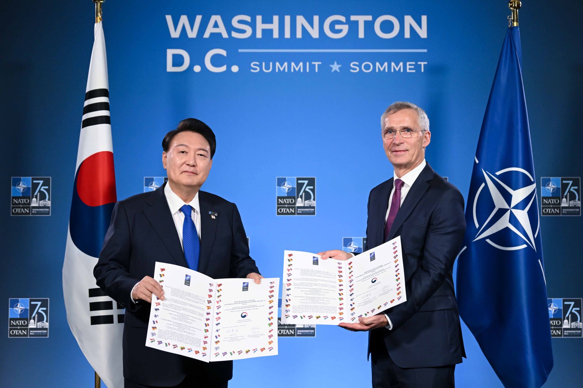 Former South Korean president Yoon Suk-yeol and Jens Stoltenberg, Nato’s then-secretary general, pose with an agreement on military airworthiness certification at last year’s Nato summit in Washington. Photo: Yonhap/dpa Former South Korean president Yoon Suk-yeol and Jens Stoltenberg, Nato’s then-secretary general, pose with an agreement on military airworthiness certification at last year’s Nato summit in Washington. Photo: Yonhap/dpa