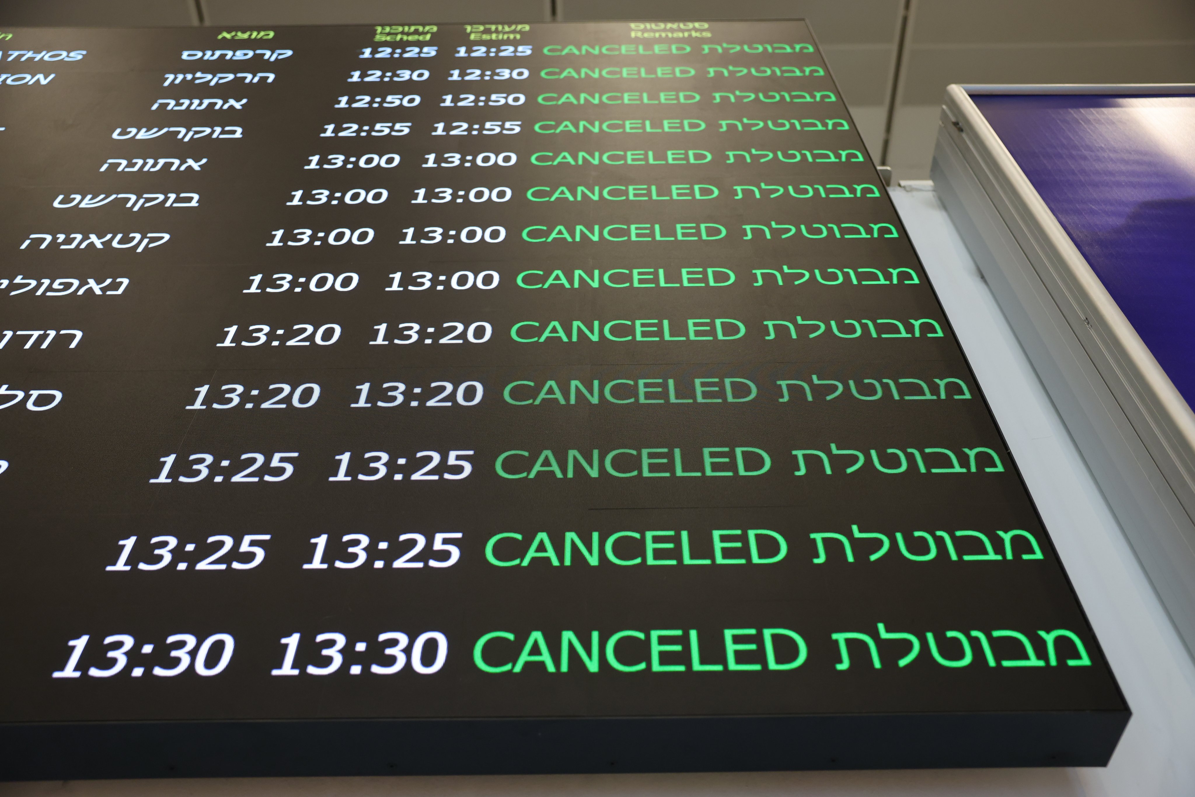 A flight status display shows affected flights at Ben Gurion Airport in Isreal. Almost 5 per cent of international flights to the Middle East have been cancelled this month due to the escalating conflict in the region. Photo: EPA-EFE