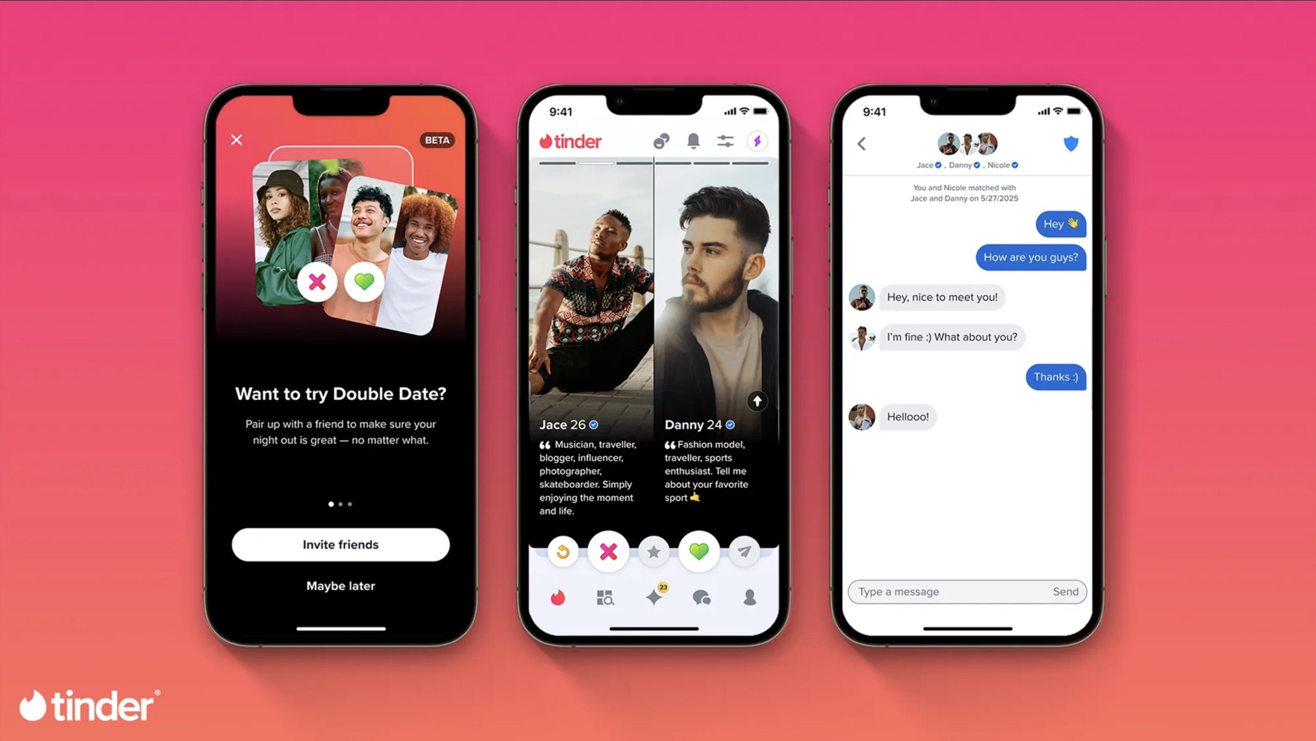 Tinder’s new Double Date feature allows users to create joint profiles with friends to match with other pairs. Photo: Tinder