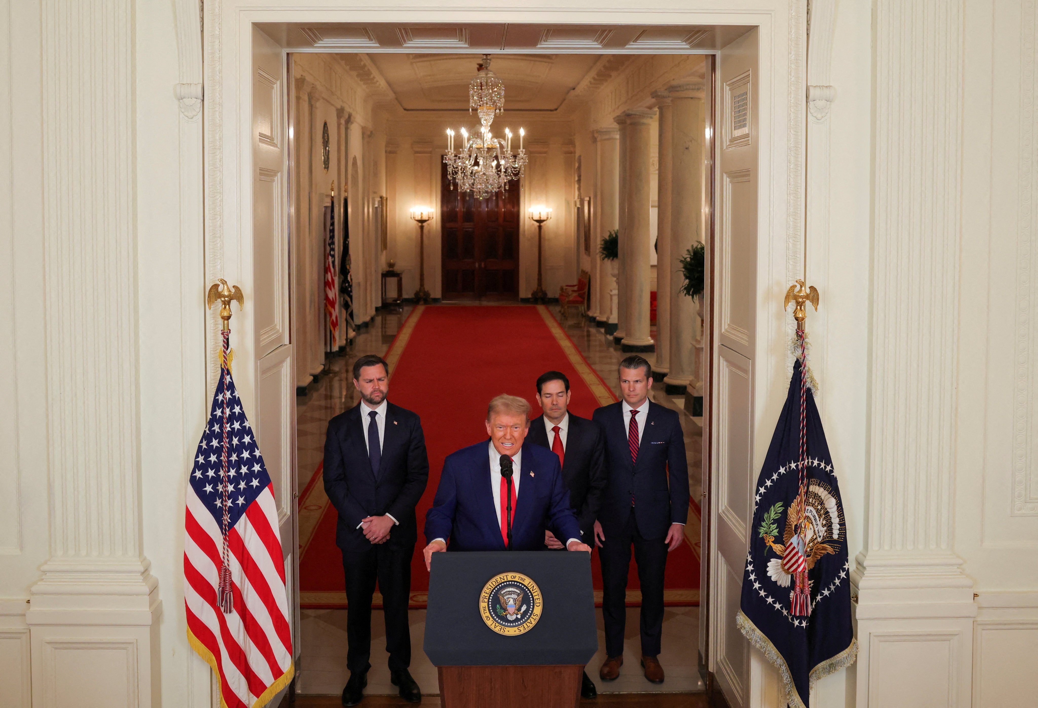 US President Donald Trump delivers an address to the nation alongside Vice-President J.D. Vance, State Secretary Marco Rubio and Defense Secretary Pete Hegseth at the White House on June 21, following US strikes on Iran’s nuclear facilities. Photo: Reuters