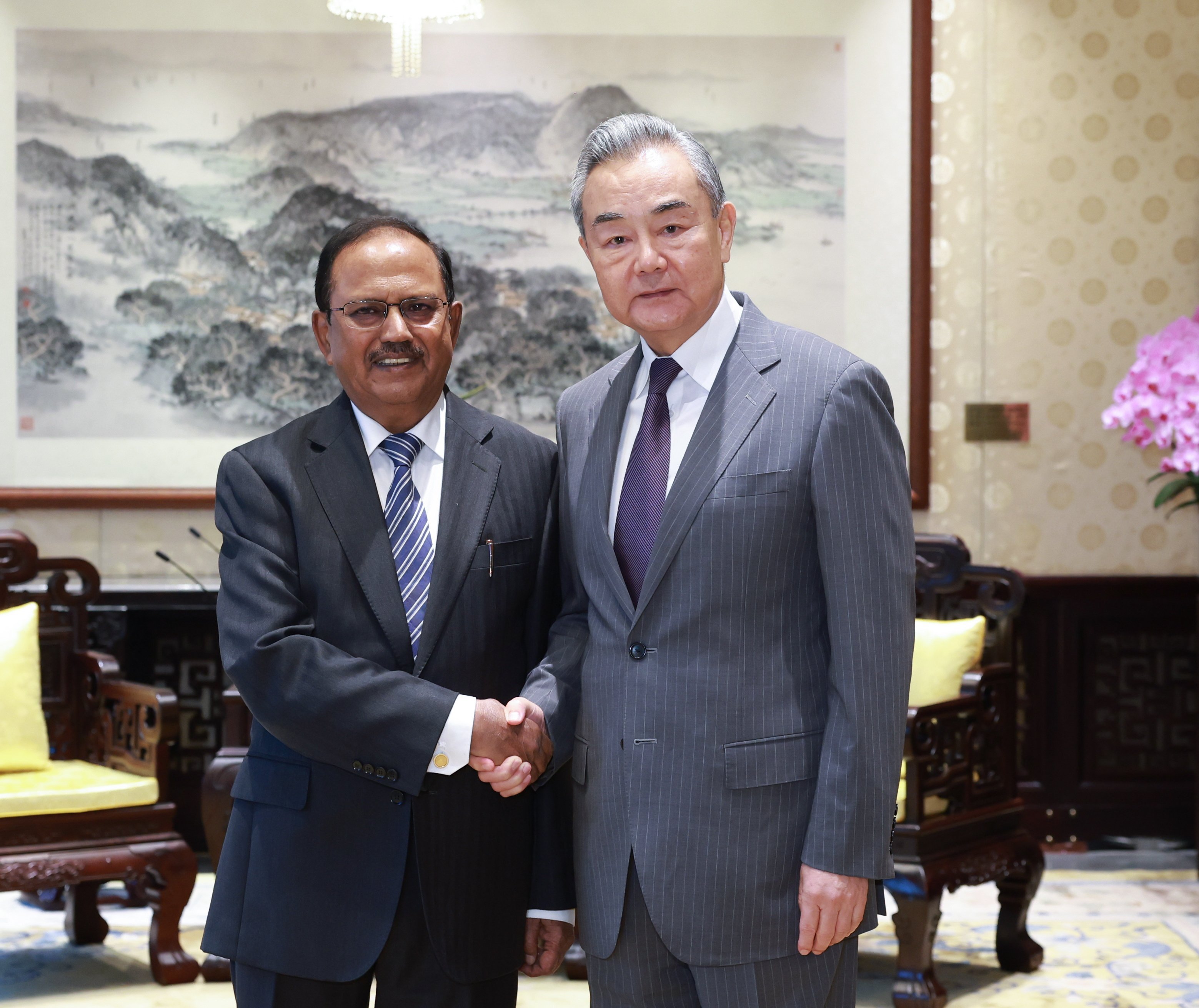 Indian national security adviser Ajit Doval and Chinese Foreign Minister Wang Yi in Beijing on Monday. Photo: EPA