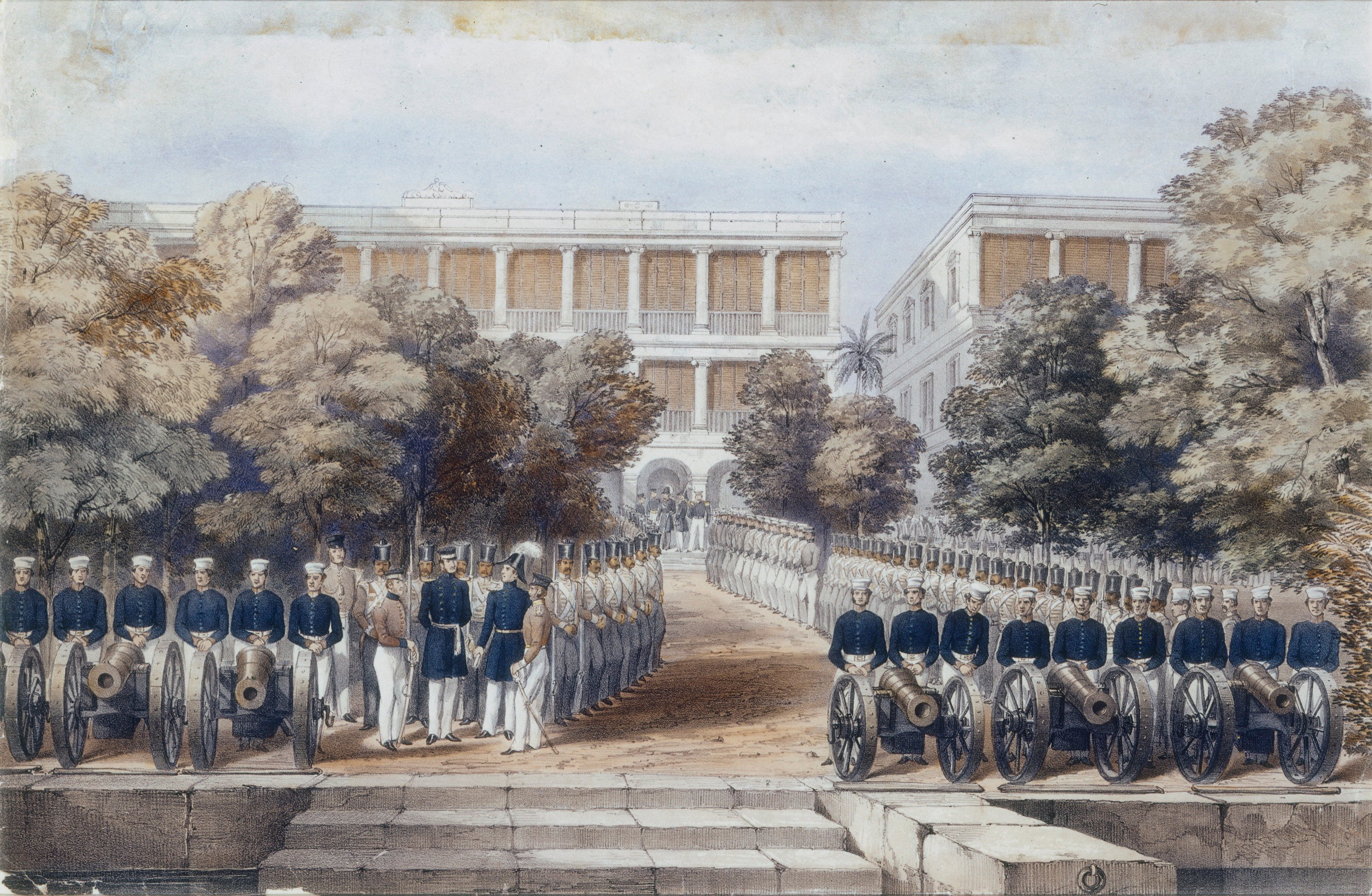 Ranks of soldiers outside a British factory in Guangzhou, in 1847. A coloured lithograph from the collection of the Hong Kong Museum of Art, donated by Sir Paul Chater. Photo: Handout