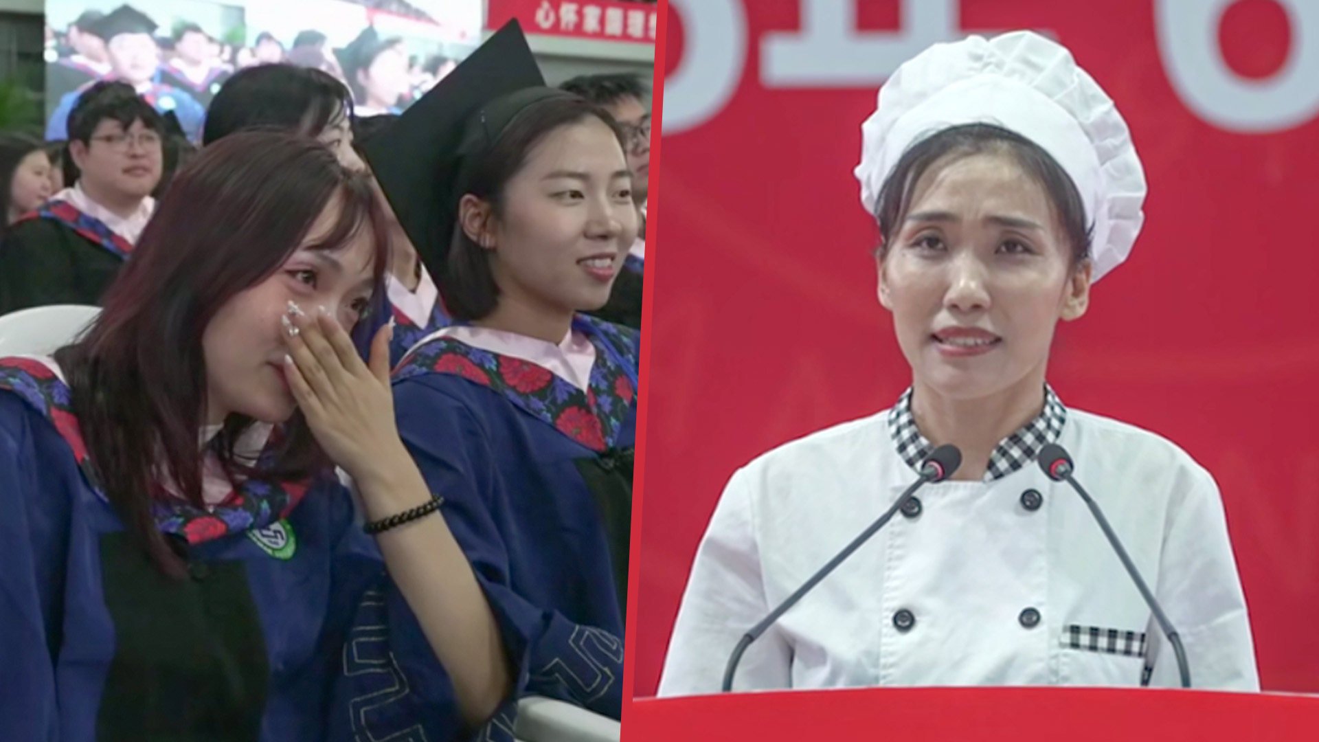 A Chinese canteen worker has moved students to tears with a speech she gave at their graduation ceremony. Photo: SCMP composite/cnr.cn