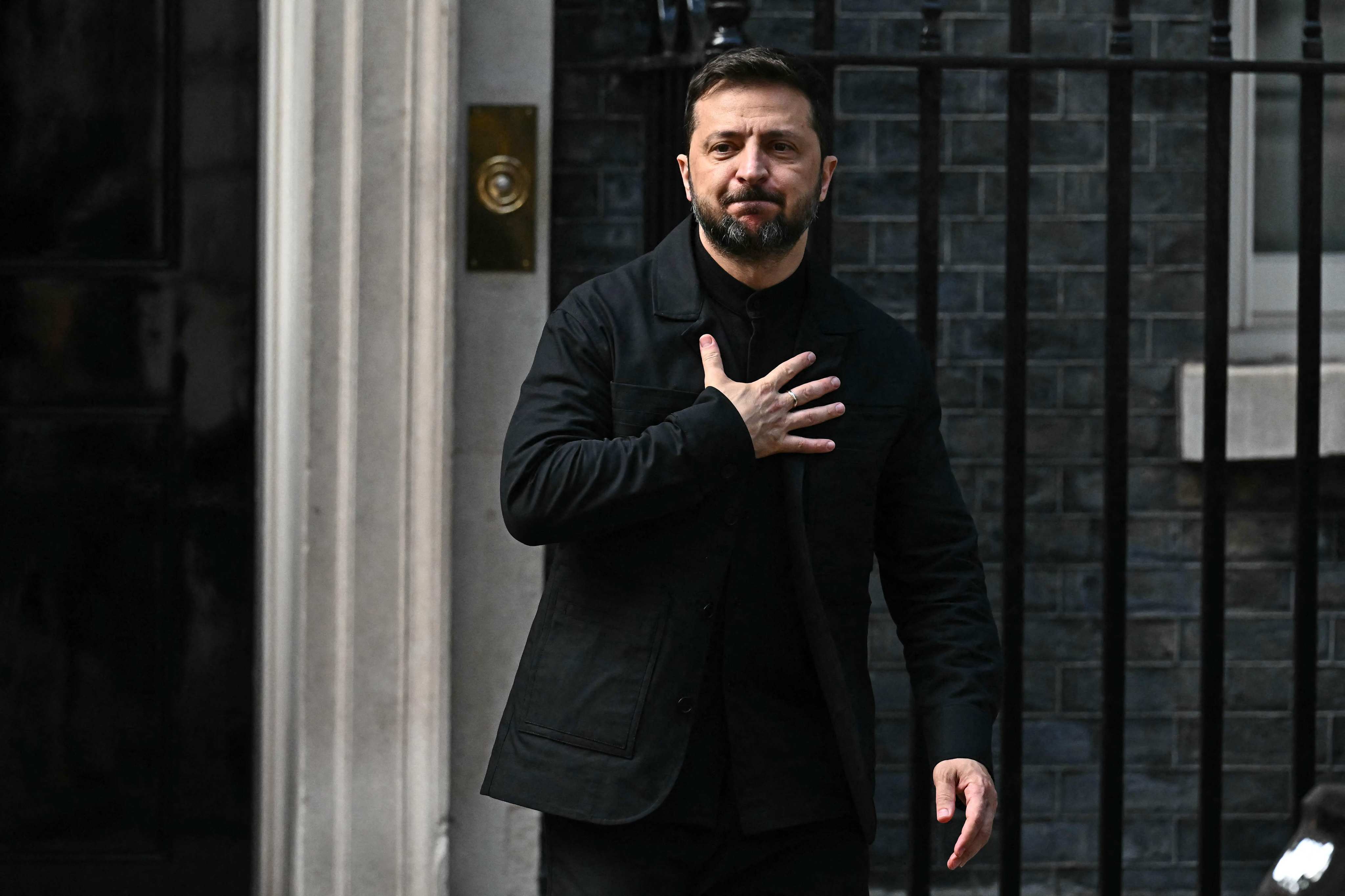 Ukraine’s President Volodymyr Zelensky  leaving 10 Downing Street in London on Monday. Photo: AFP