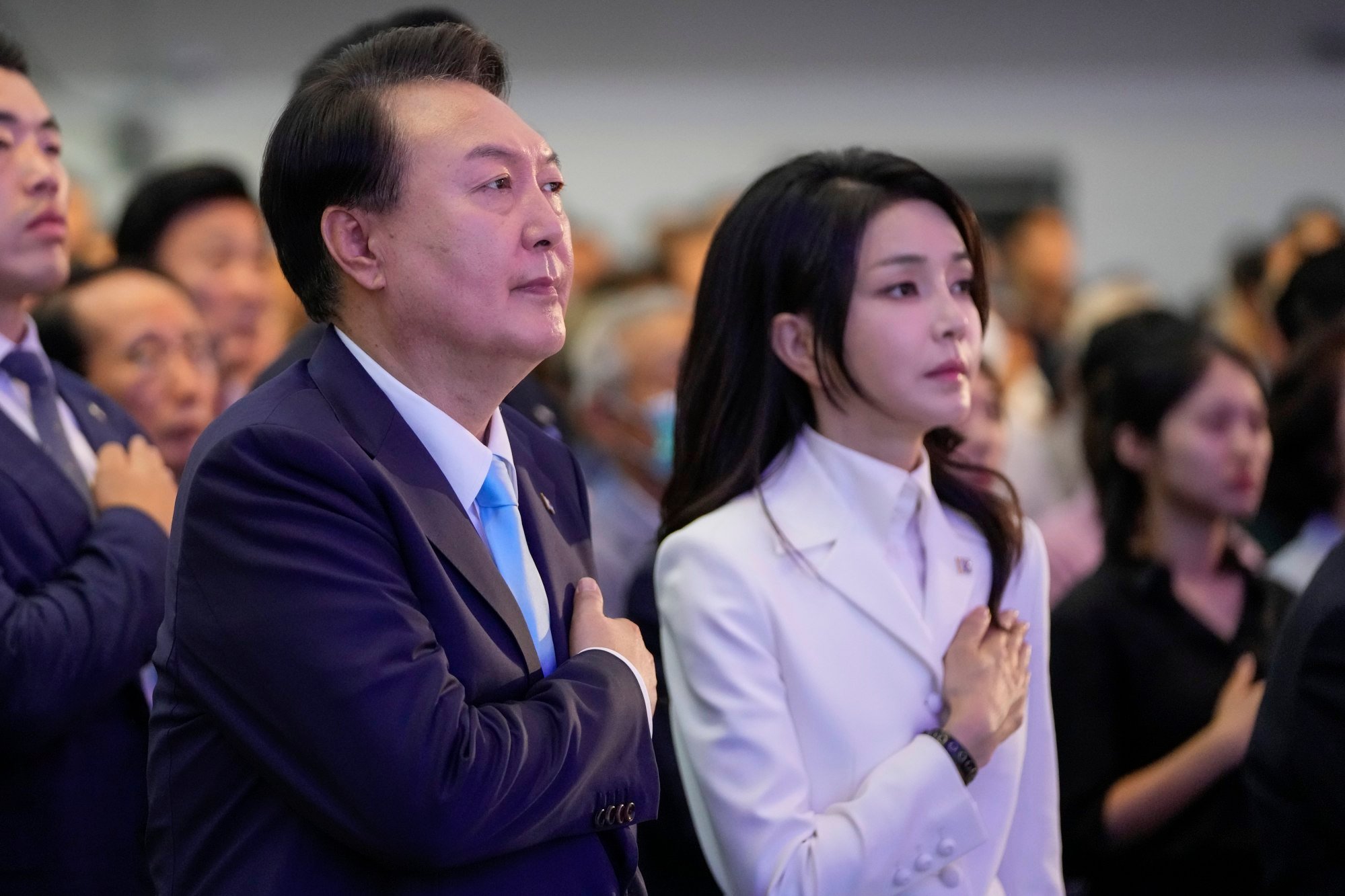 Then-president Yoon Suk-yeol and his wife Kim Keon-hee attend a ceremony marking the 78th anniversary of Korea’s liberation from Japanese colonial rule, in Seoul on August 15, 2023. Photo: EPA-EFE Then-president Yoon Suk-yeol and his wife Kim Keon-hee attend a ceremony marking the 78th anniversary of Korea’s liberation from Japanese colonial rule, in Seoul on August 15, 2023. Photo: EPA-EFE