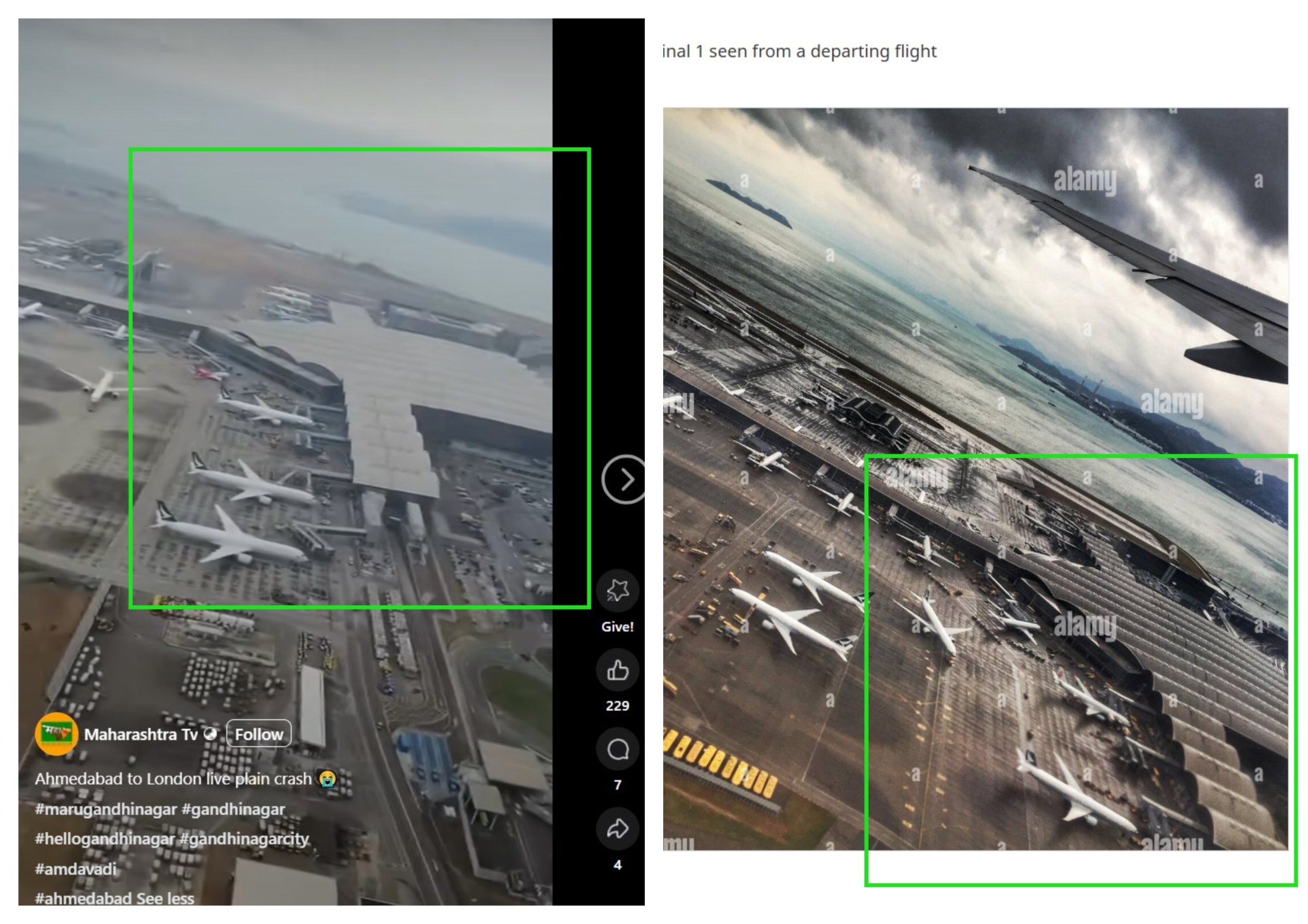 A screenshot showing similar scenes from the video (left) and the photo on Alamy (right), with similar areas highlighted by the Post. Photo: Facebook/Alamy/SCMP composite