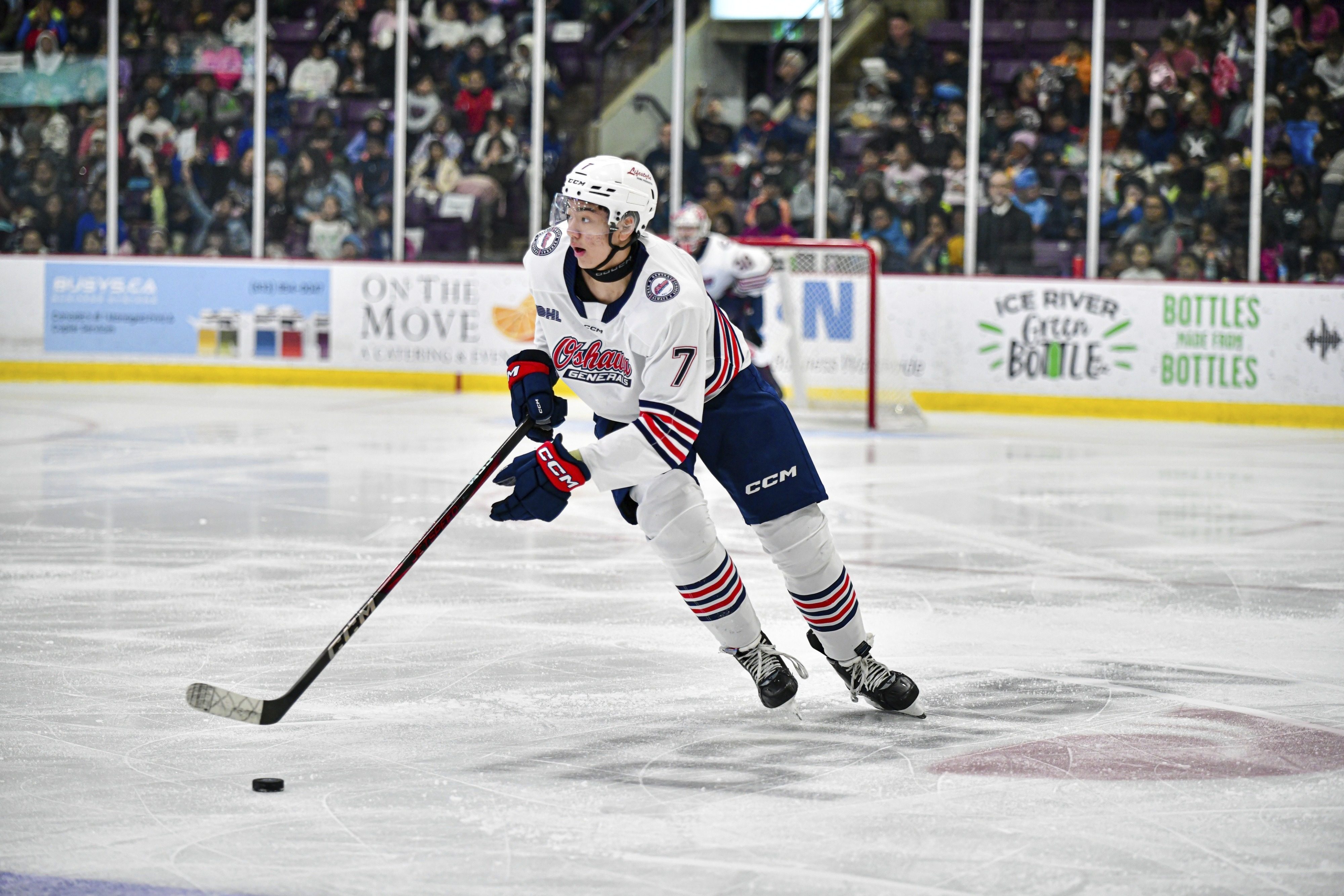 Oshawa Generals defenceman Simon Wang Haoxi handling the puck during a match against Brampton in March. Photo: AP
