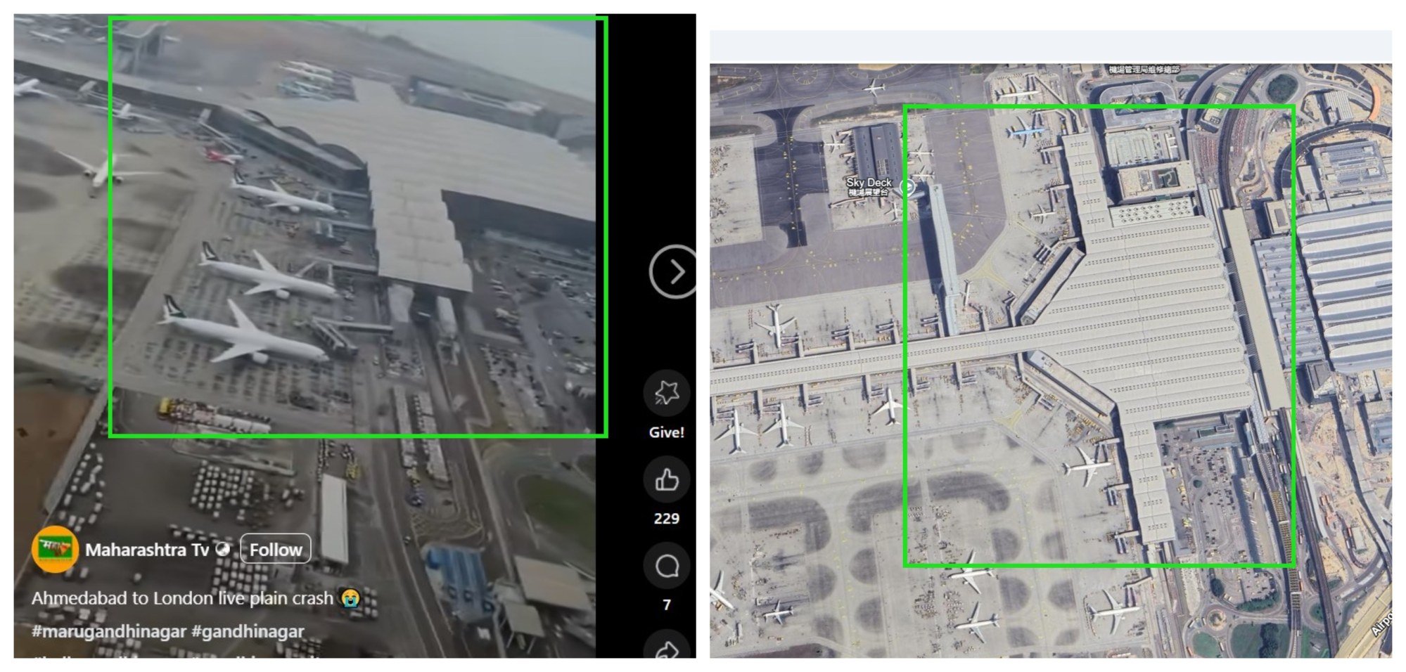 A screenshot of a frame from the video (left) and satellite imagery (right), with similar features highlighted by SCMP. Photo: Facebook/Google/SCMP Composite