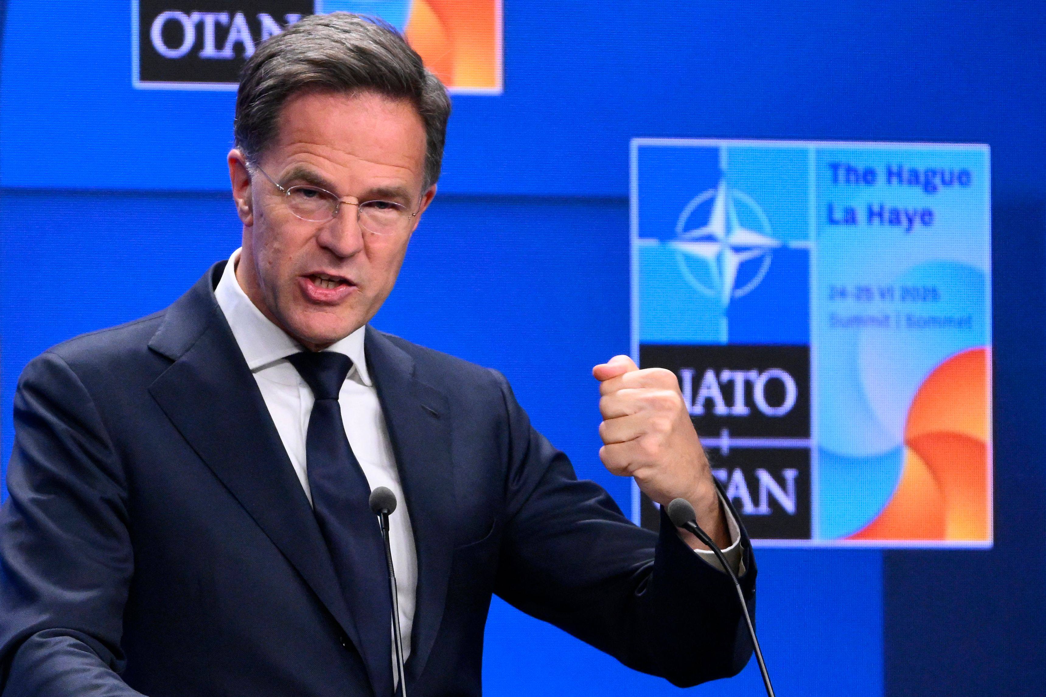 Nato Secretary General Mark Rutte addresses a press conference a day prior to a meeting of the alliance in The Hague on Tuesday. Photo:AFP