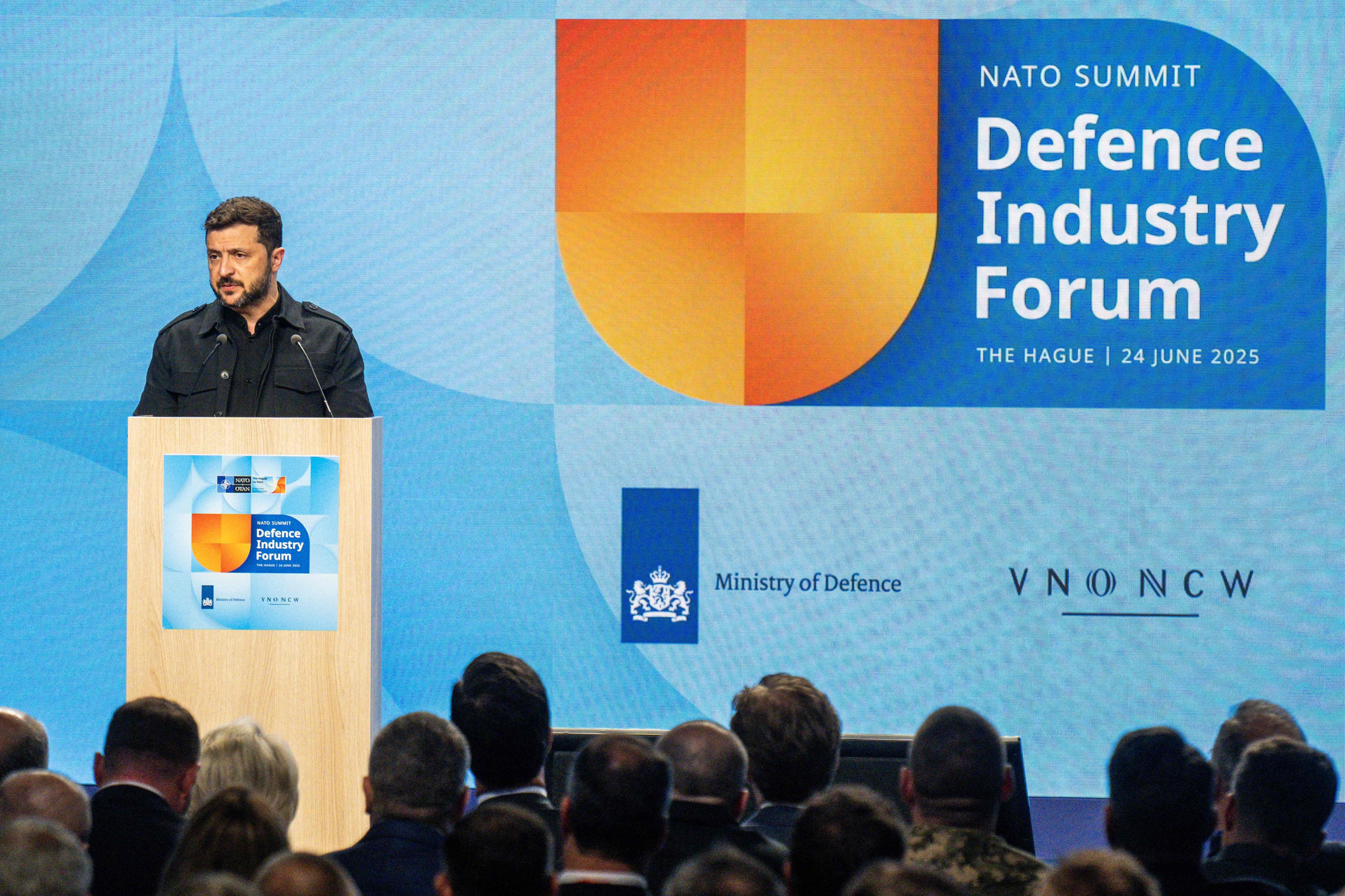Ukrainian President Volodymyr Zelensky speaking at the defense industry forum, during a North Atlantic Treaty Organization summit in The Hague on Tuesday. Photo: ANP/AFP