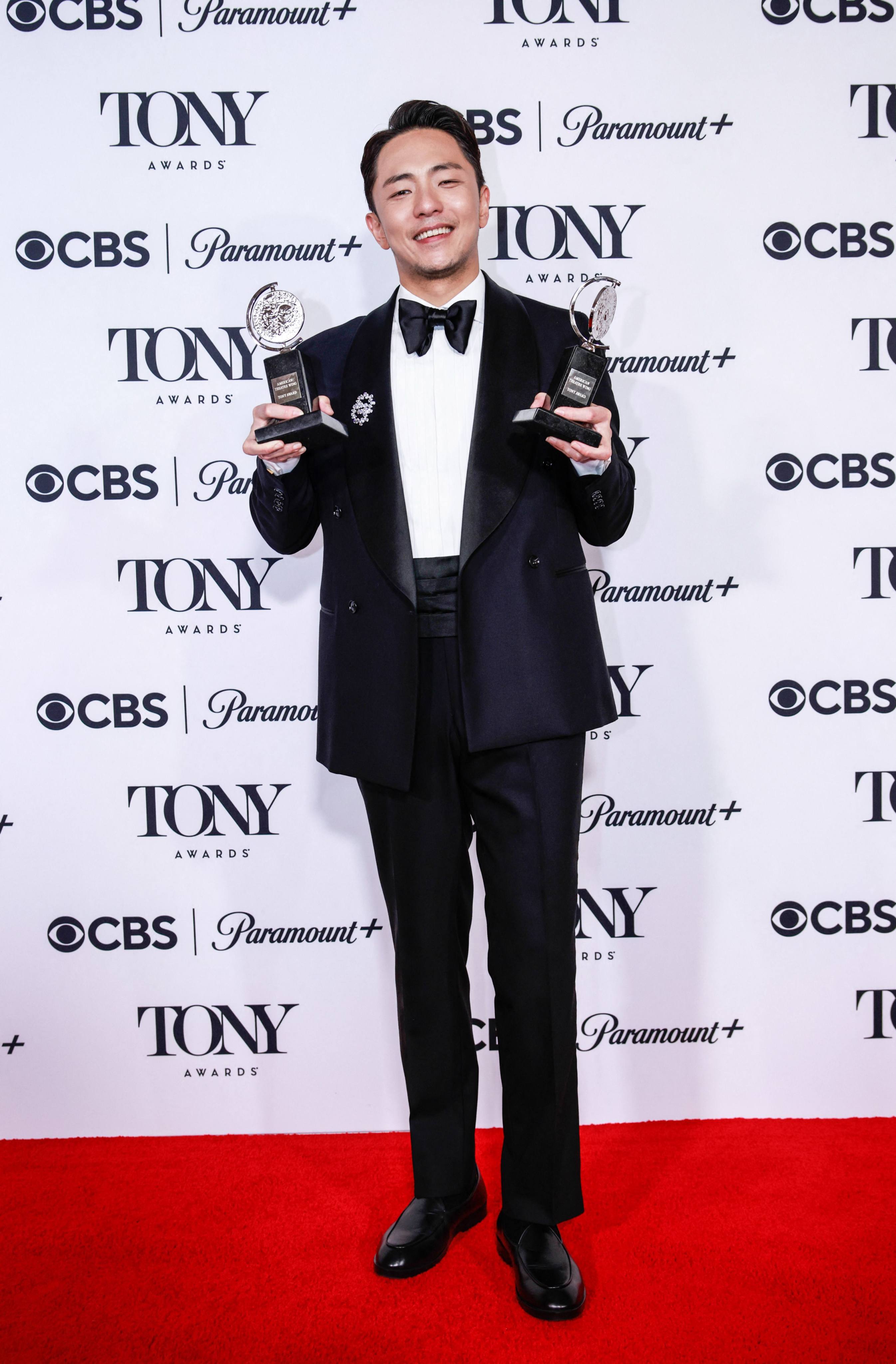 South Korean lyricist and music writer Hue Park poses with the best score award and the best book of a musical award for Maybe Happy Ending at the 78th Tony Awards at Radio City Music Hall in New York on June 8, 2025. Photo: AFP