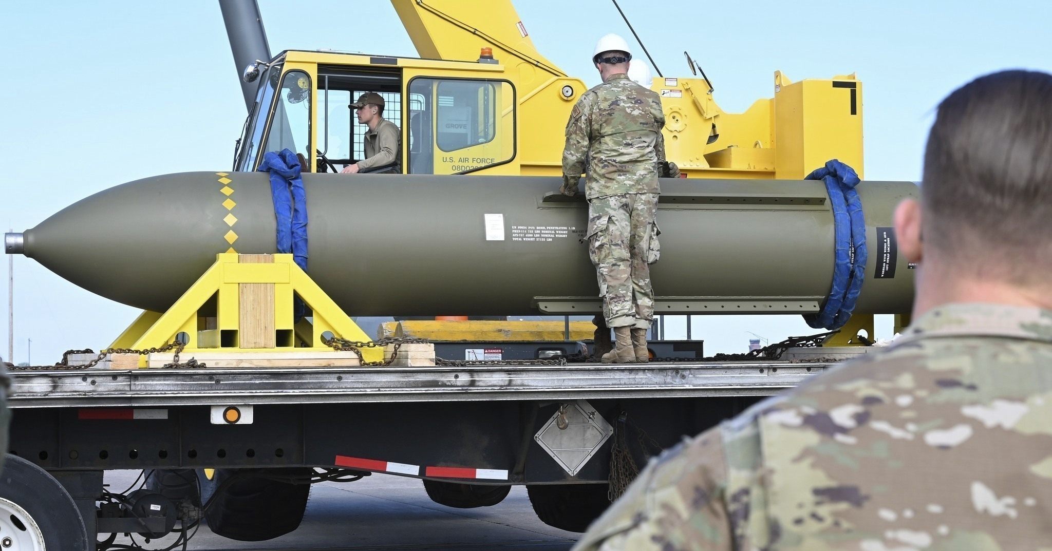 A GBU-57, the Massive Ordnance Penetrator bomb, pictured at a US base in 2023. Photo: AP