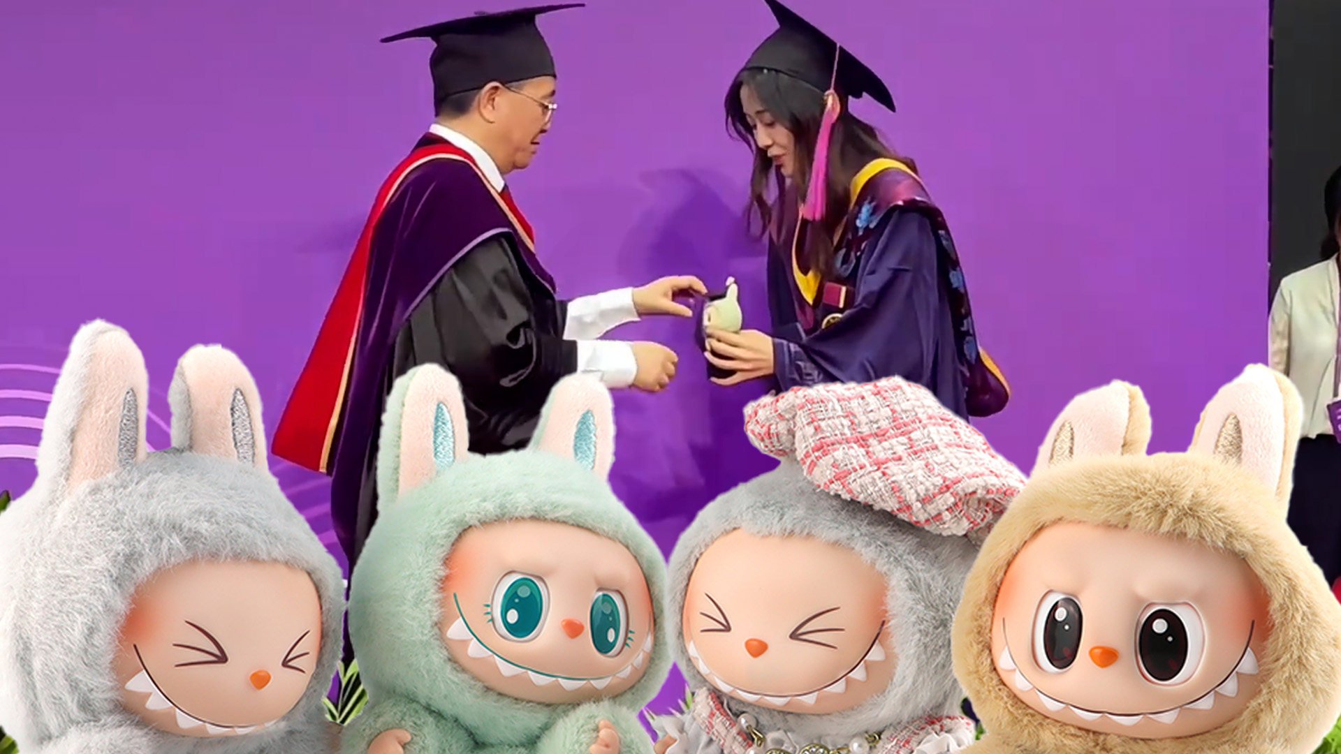 A Chinese student who took a Labubu toy to her graduation ceremony has sparked a heated online debate about academic protocol after the institution’s vice-president pulled the toy’s tassel. Photo: SCMP composite/Shutterstock/Douyin