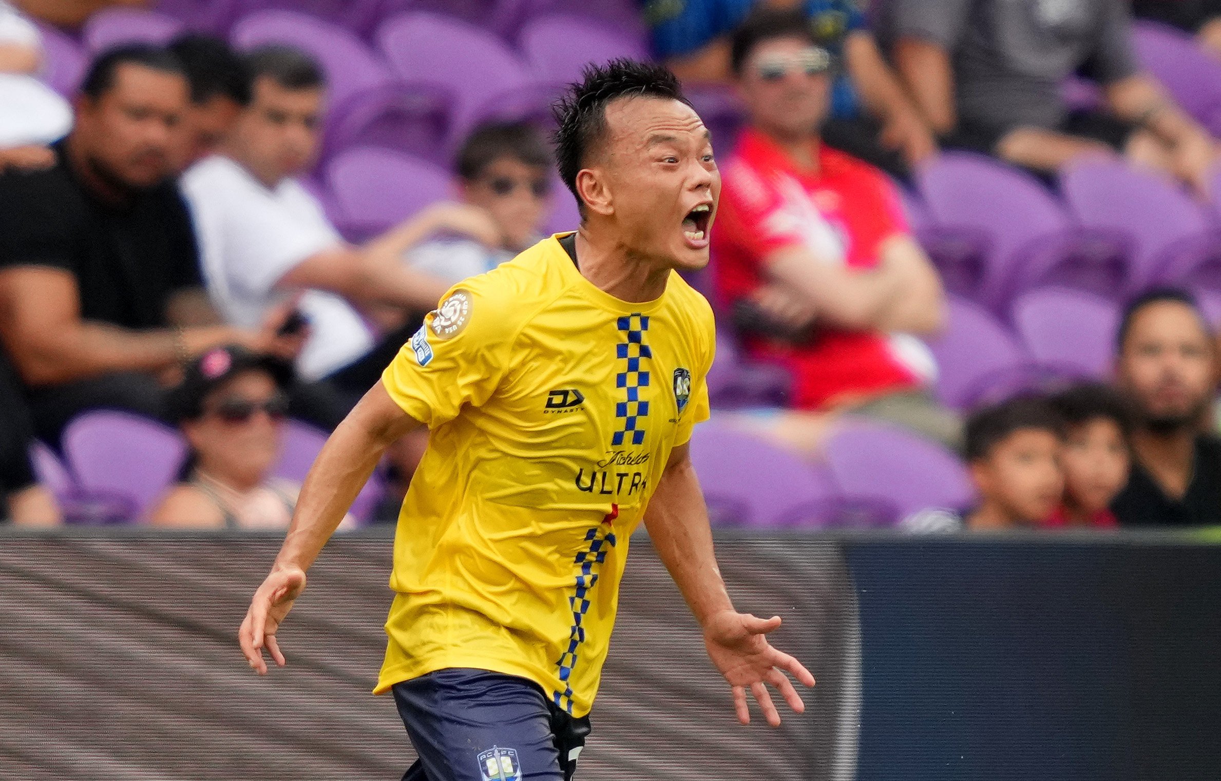 Zhou Tong shows some passion during Auckland’s match against Benfica in Orlando last Friday. Photo: Getty Images via AFP