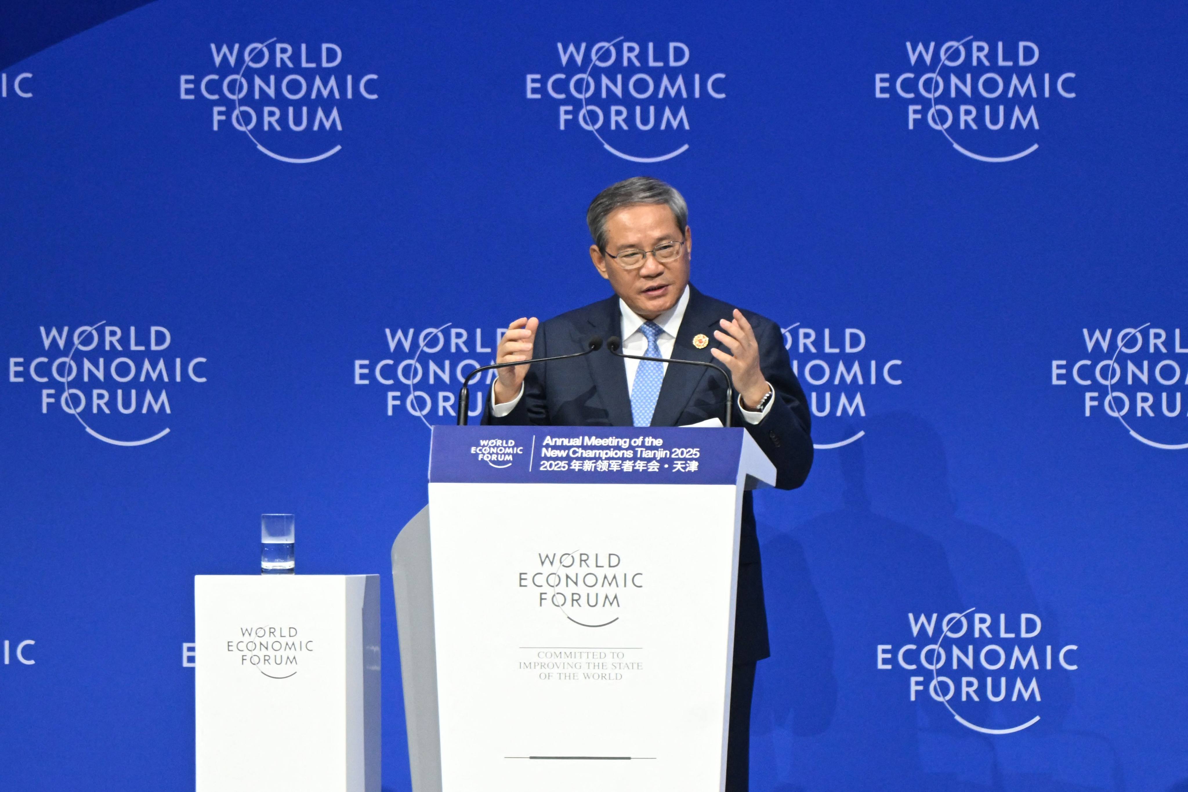 Chinese Premier Li Qiang delivers a speech during opening ceremony of the World Economic Forum Annual Meeting of the New Champions (AMNC25) in Tianjin on June 25, 2025. Photo: AFP / Jade Gao