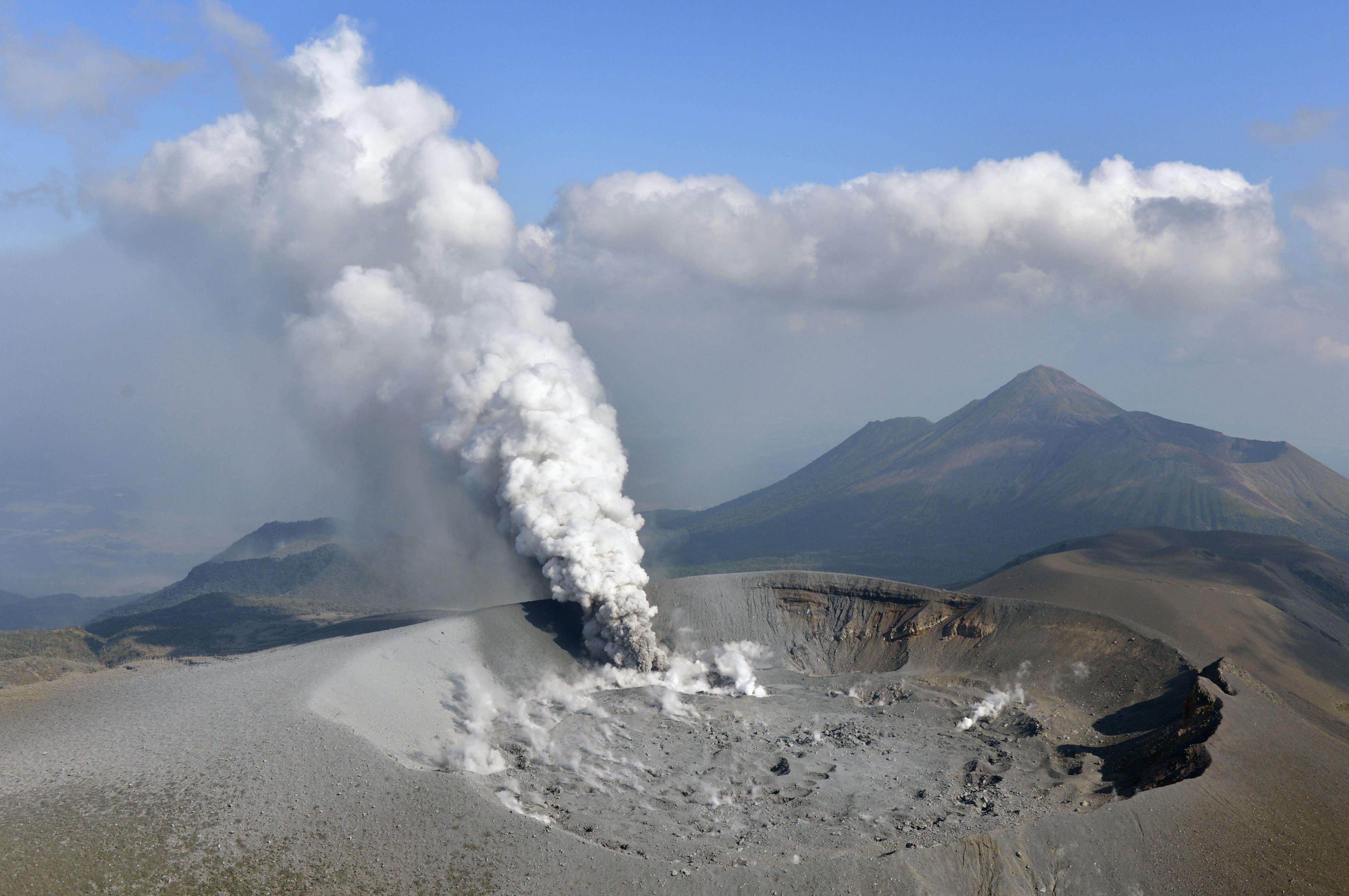 Plumes of smoke rise from Mount Shinmoe in Kyushu during an eruption on October 11, 2017 – the volcano’s first in six years. The same volcano erupted again in June 2025 amid heightened seismic activity across southern Japan. Photo: Kyodo