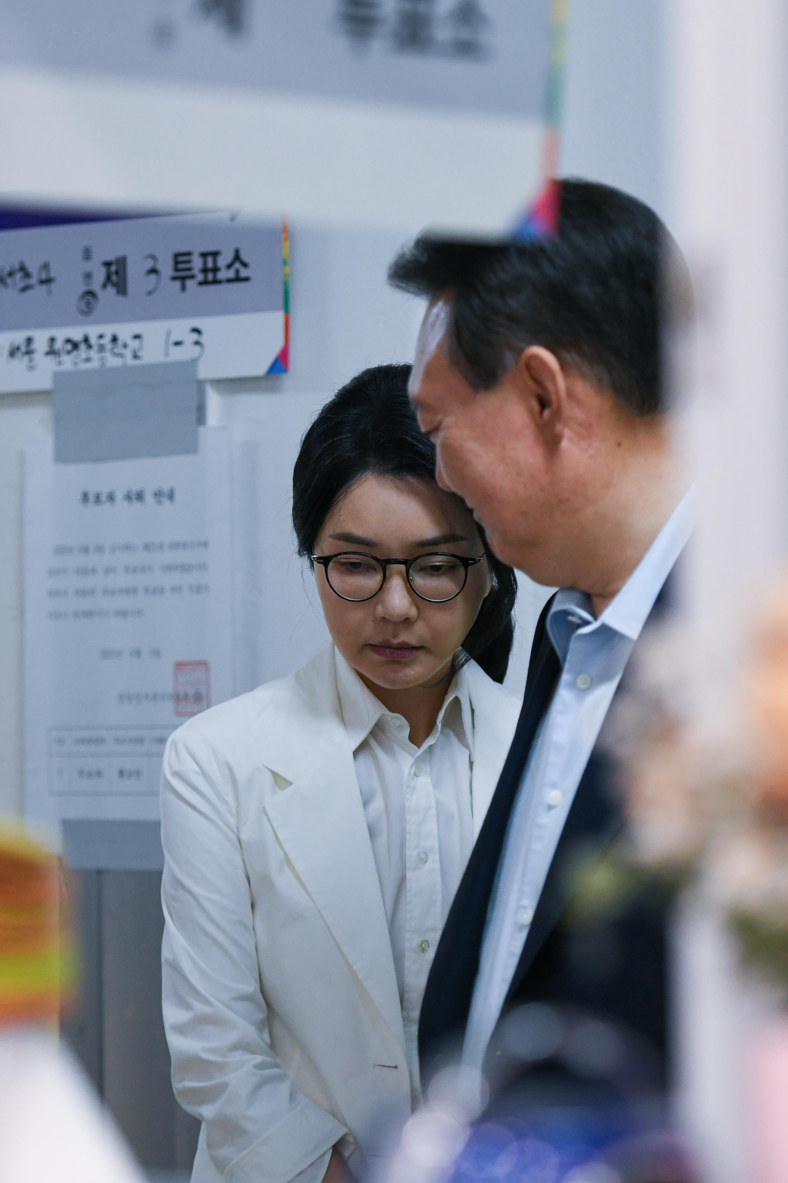 Kim Keon-hee and her husband, former South Korean president Yoon Suk-yeol, wait to cast their ballots in South Korea’s presidential election earlier this month. Photo: Yonhap/dpa