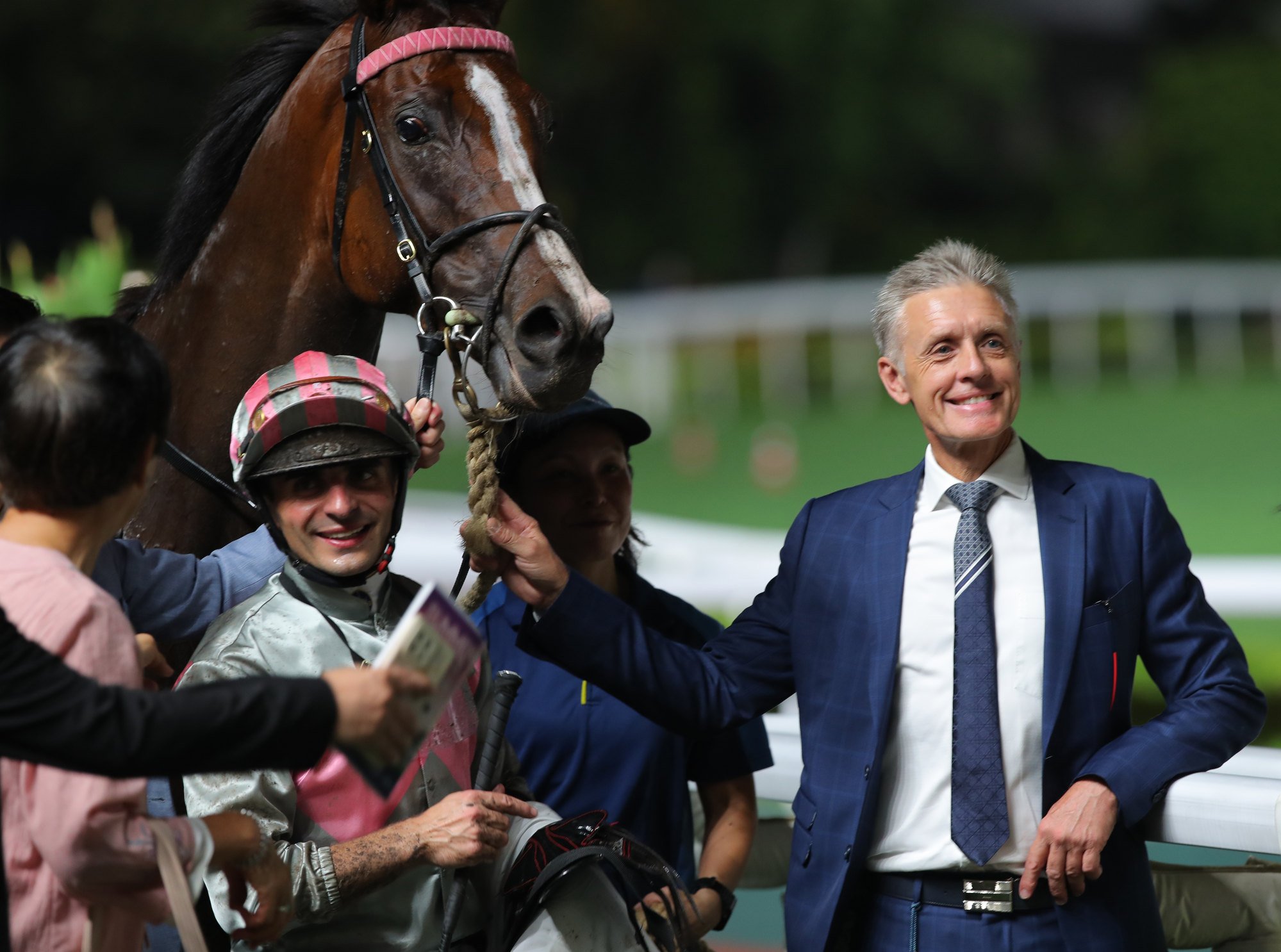 Jockey Andrea Atzeni and trainer Mark Newnham with Mojave Desert after his recent dirt victory. Jockey Andrea Atzeni and trainer Mark Newnham with Mojave Desert after his recent dirt victory.