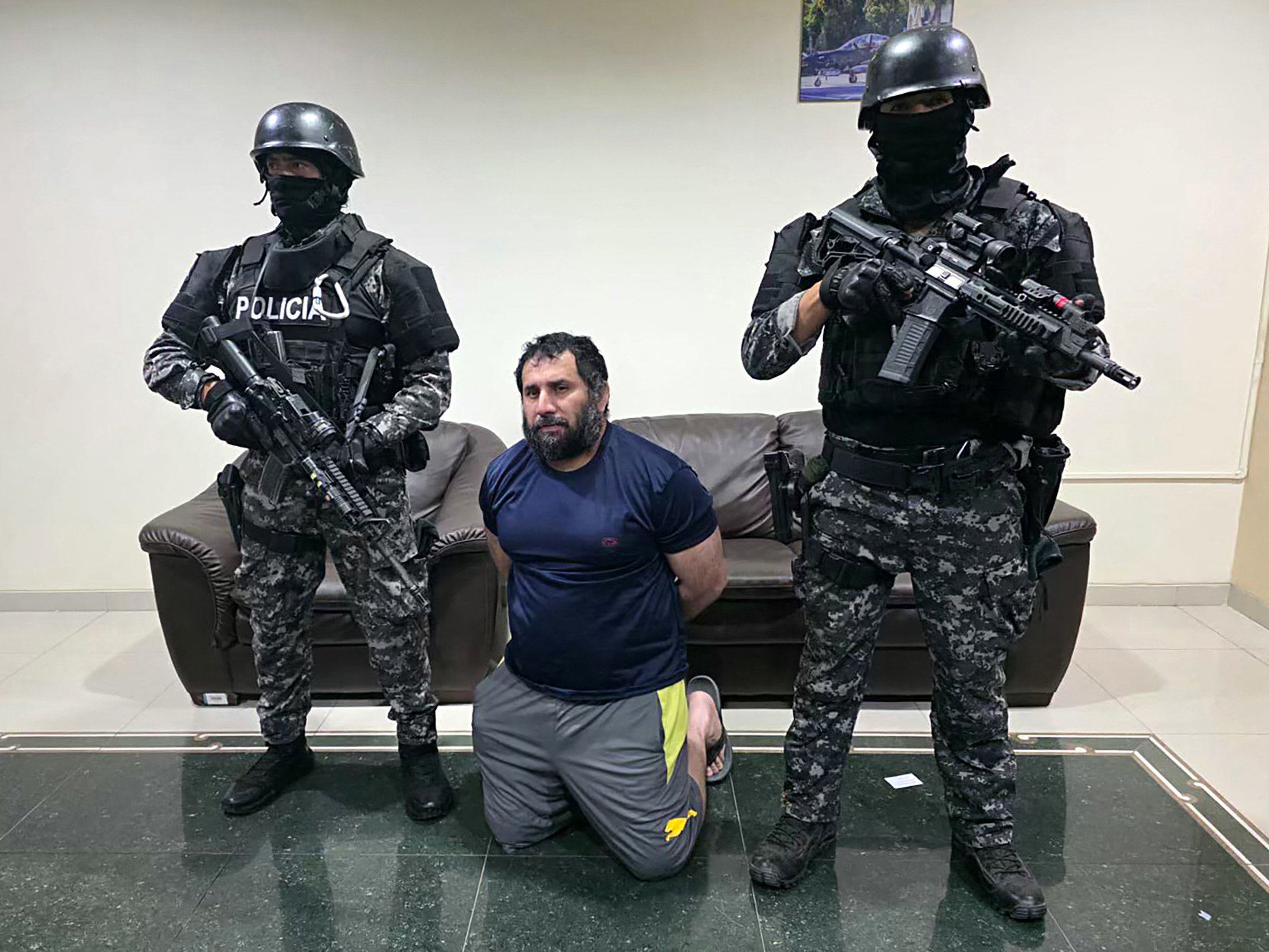 Jose Adolfo Macias Villamar after being recaptured. Photo: Ecuadorean Army via AFP