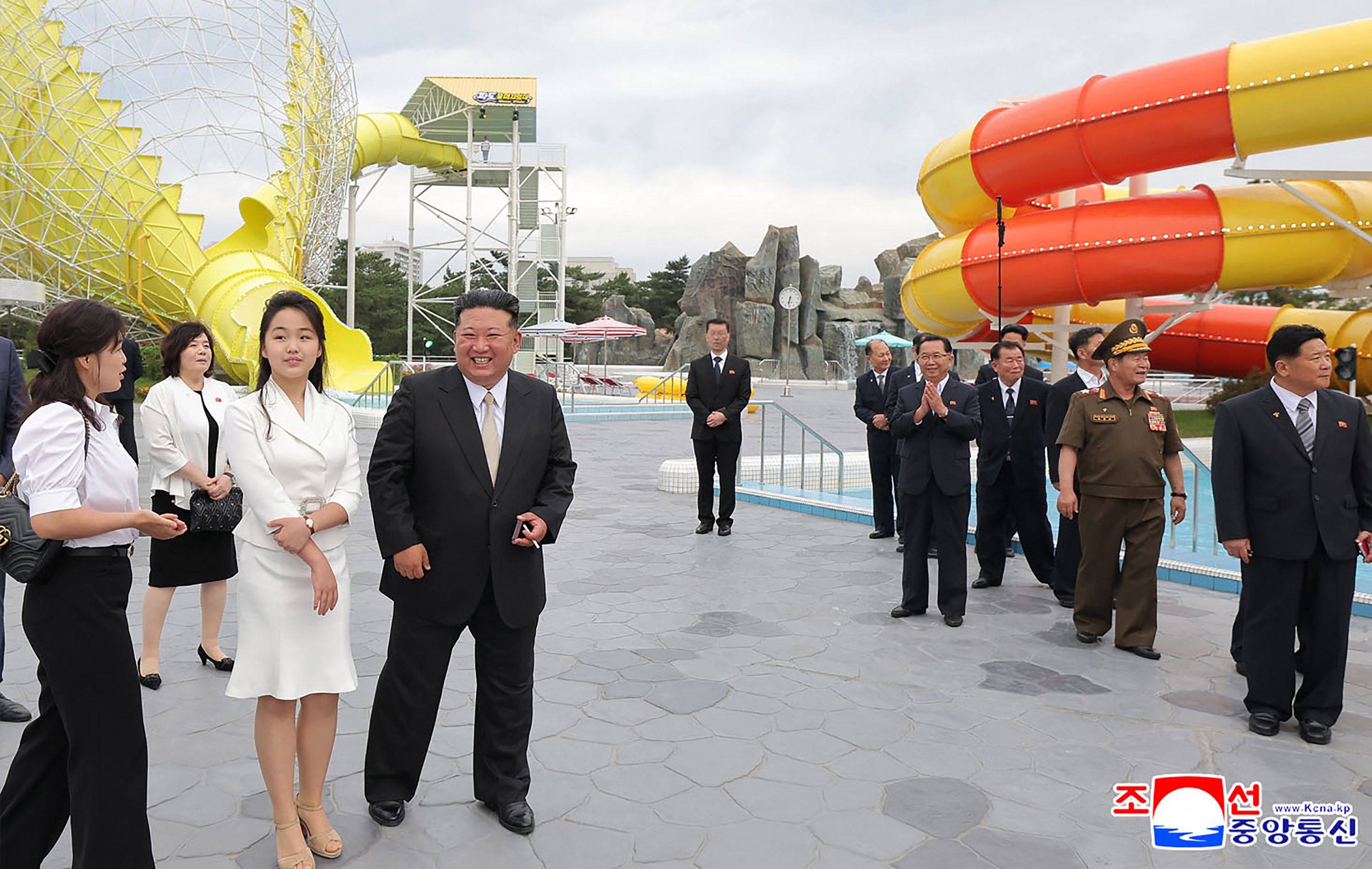 North Korean leader Kim Jong-un (right) with his daughter, Kim Ju-ae (centre) and wife Ri Sol-ju (left) at the Wonsan-Kalma coastal tourist area on Tuesday. Photo: KCNA/AFP